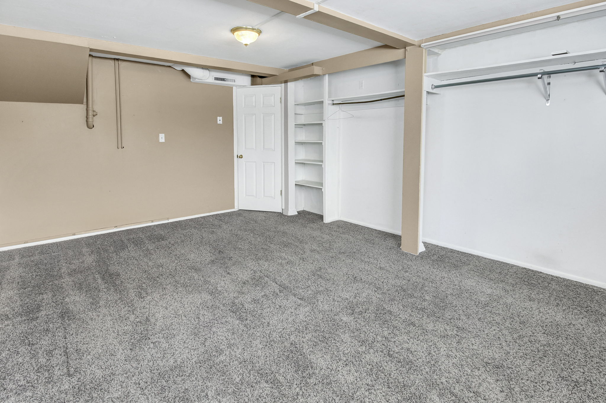 Plush gray carpeting throughout, featuring a built-in shelving unit, dual clothing rods, and a white interior door