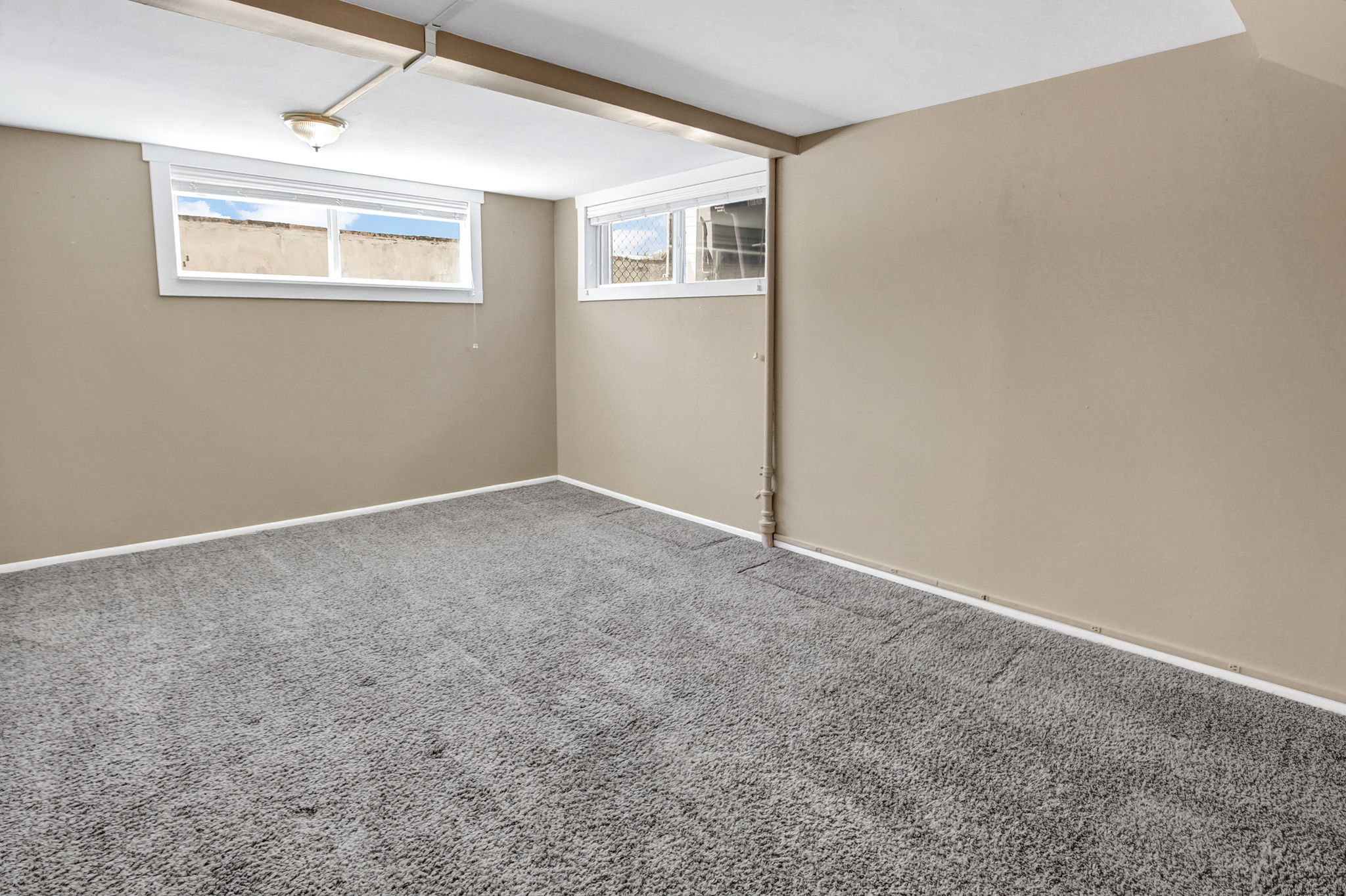 Spacious room featuring neutral paint, gray carpeting, dual windows, and white trim