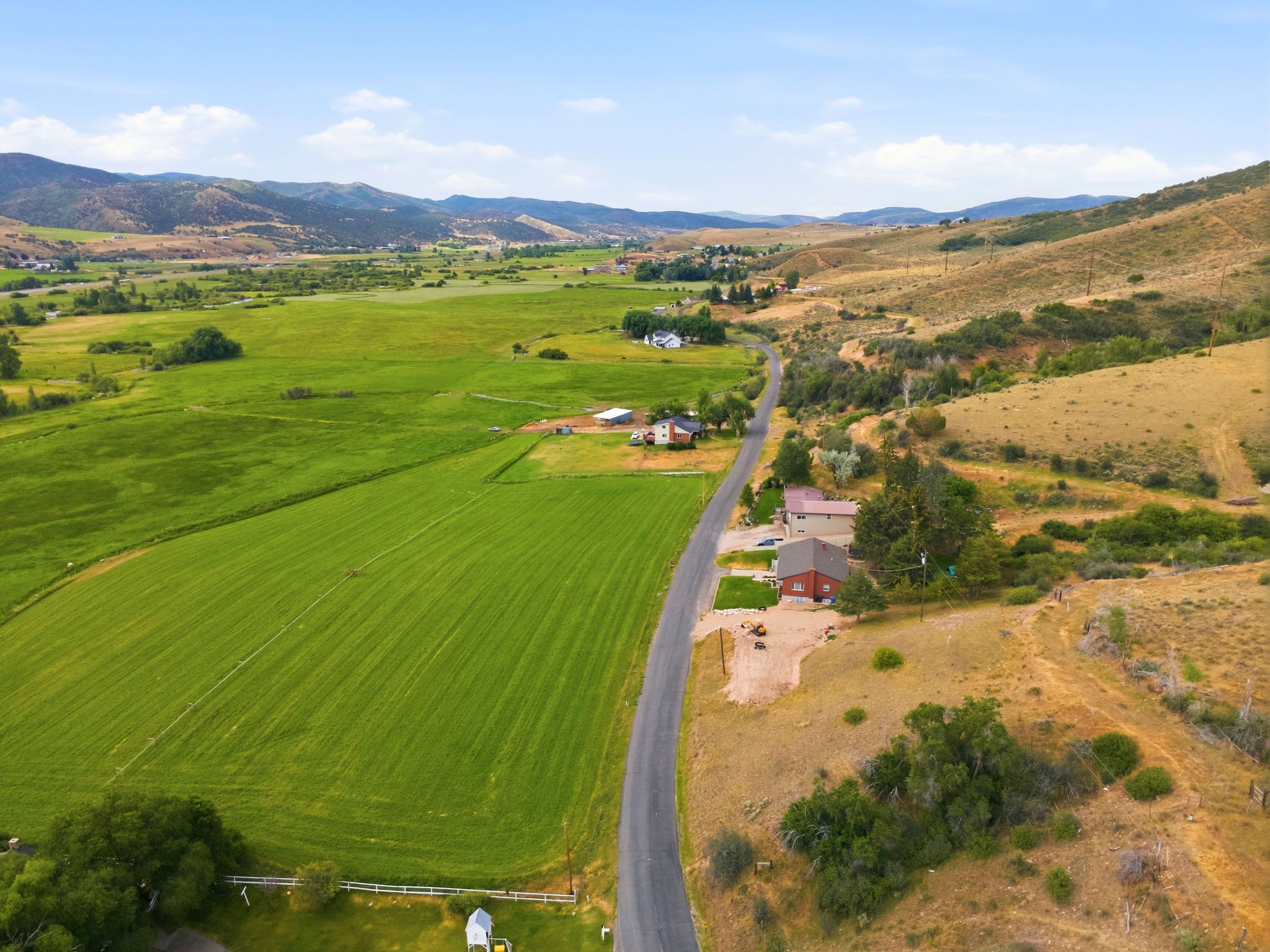 Rural landscape with a paved road, green fields, and distant mountains