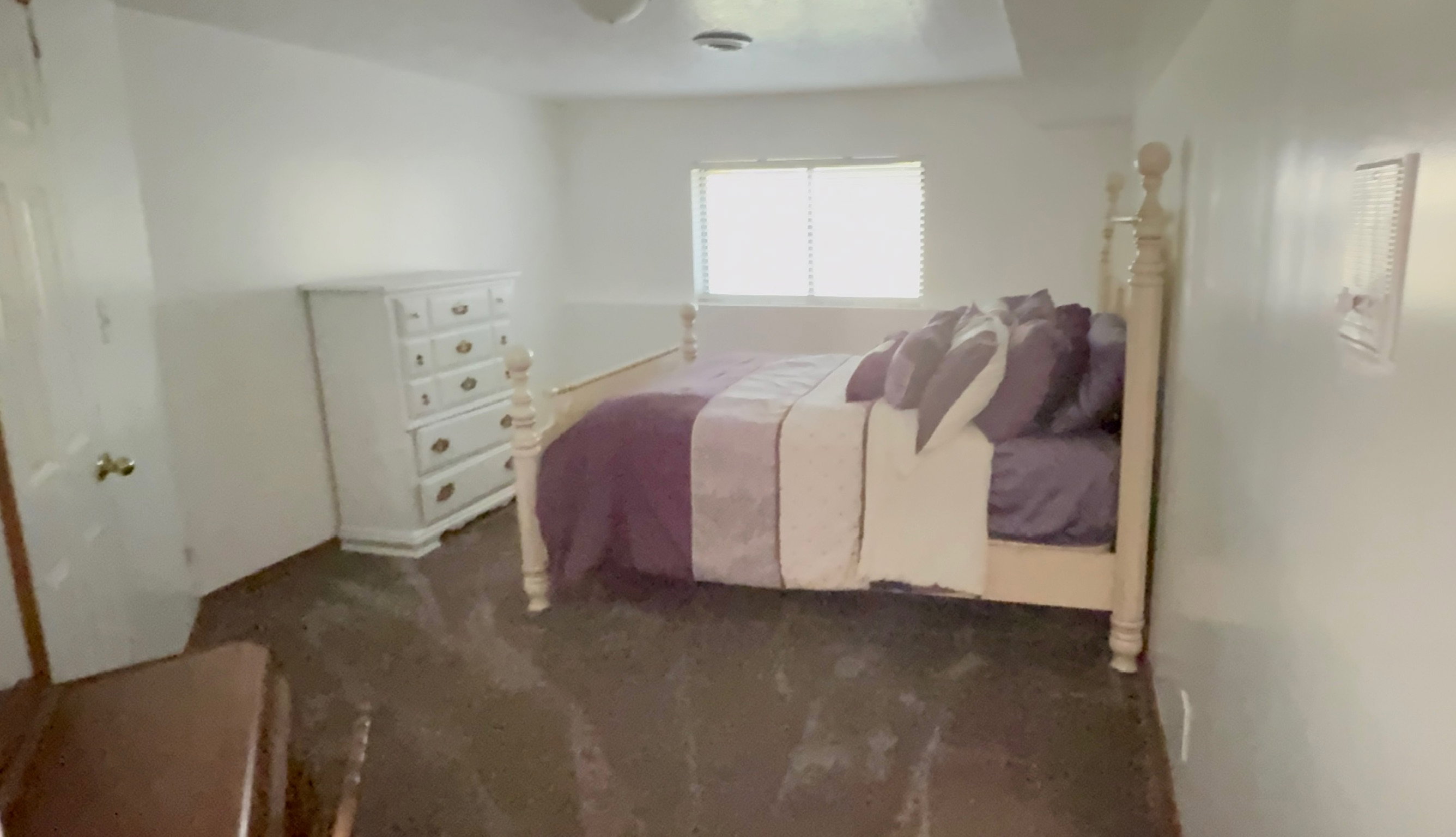 Carpeted room with a window featuring horizontal blinds