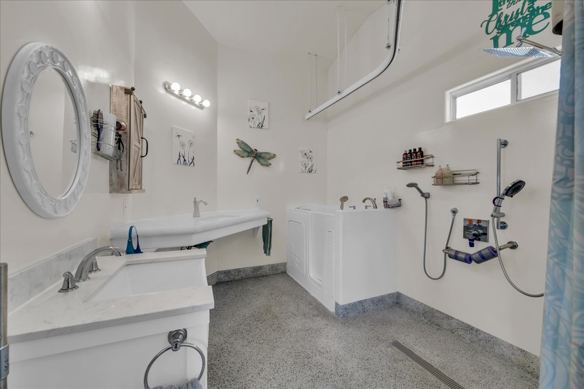 Specialized bathroom featuring multiple wash stations, a walk-in tub, accessible shower fixtures, a rectangular vanity with an integrated sink, and durable speckled flooring