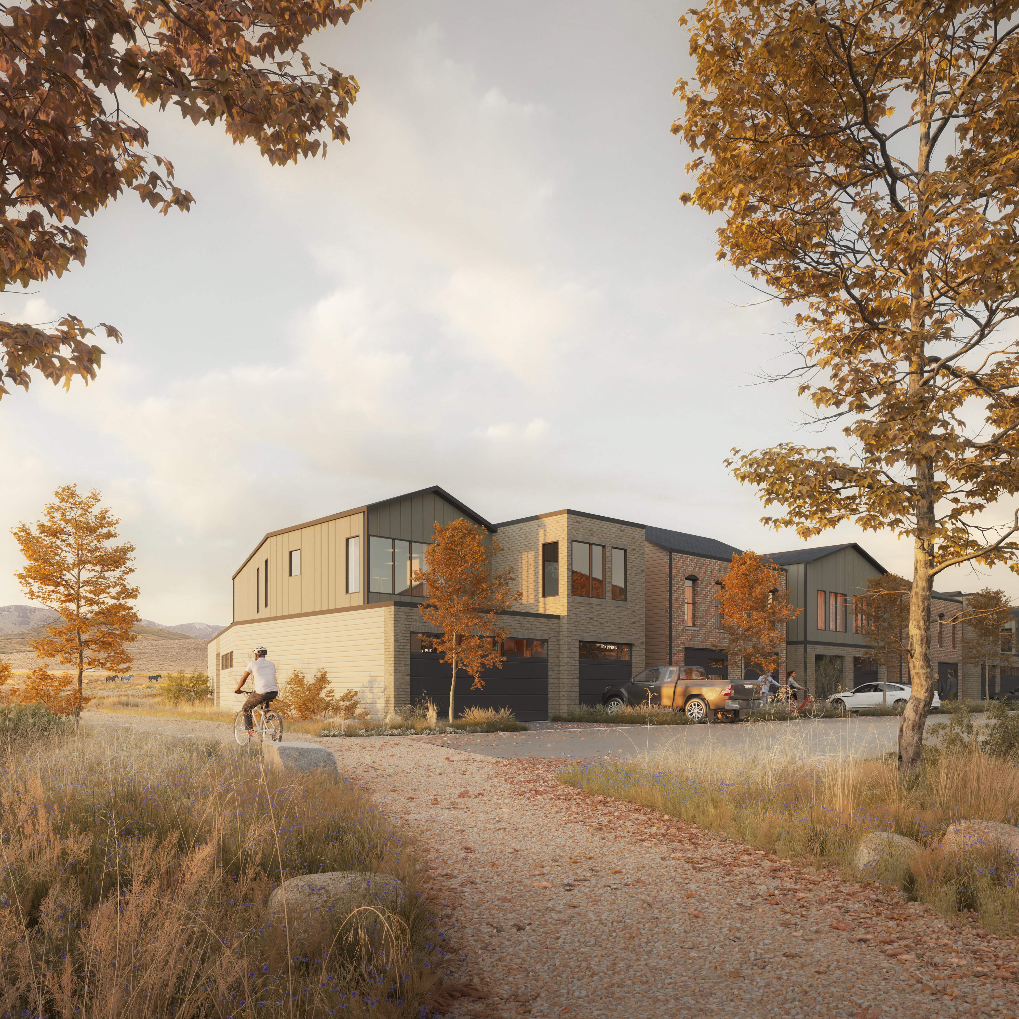 Contemporary townhomes featuring varied siding materials and integrated garages