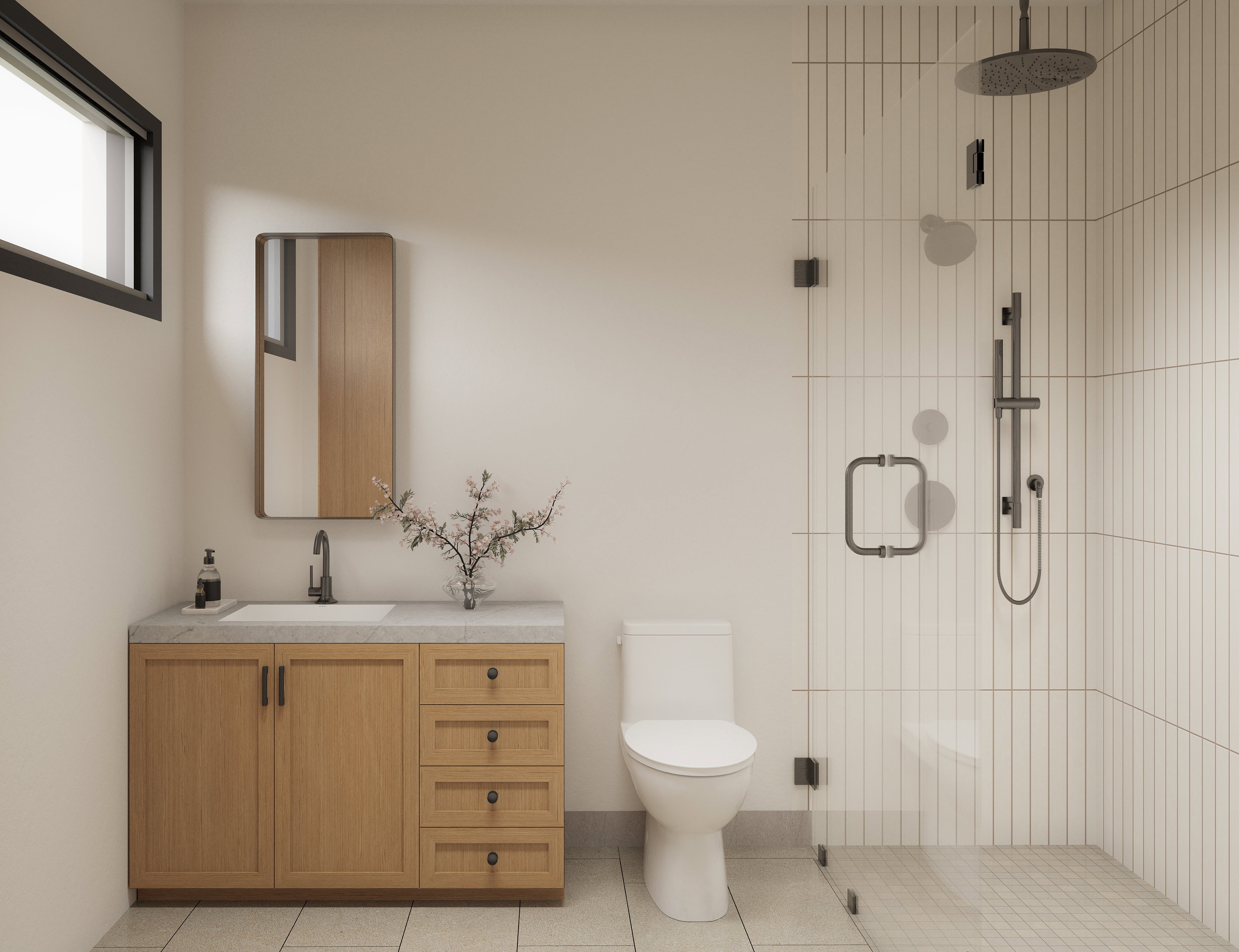 Modern bathroom featuring a glass-enclosed shower with a rainfall showerhead, a wood-finish vanity with a built-in sink and countertop, and a contemporary mirror