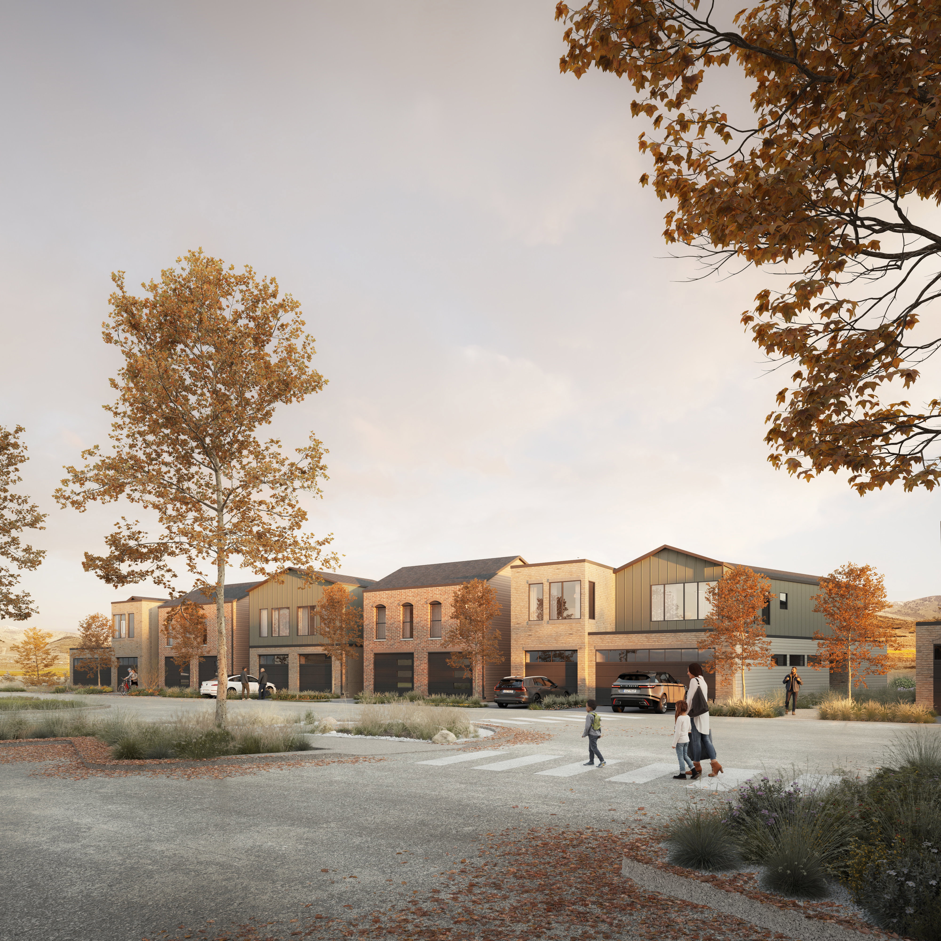 Contemporary architectural designs featuring varied facade materials including brick and horizontal siding