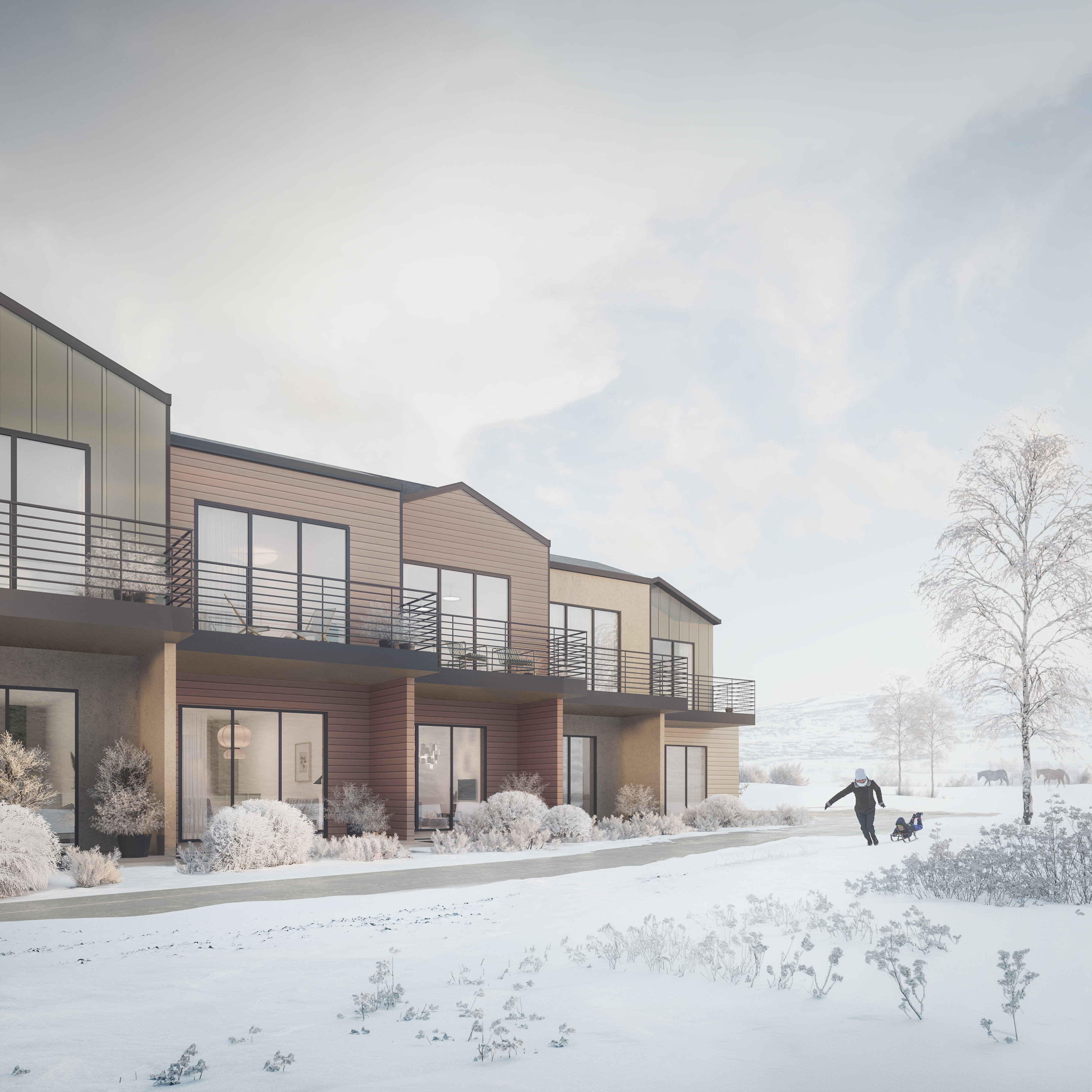Contemporary multi-level residences featuring private balconies with black metal railings, floor-to-ceiling windows, and varied siding finishes