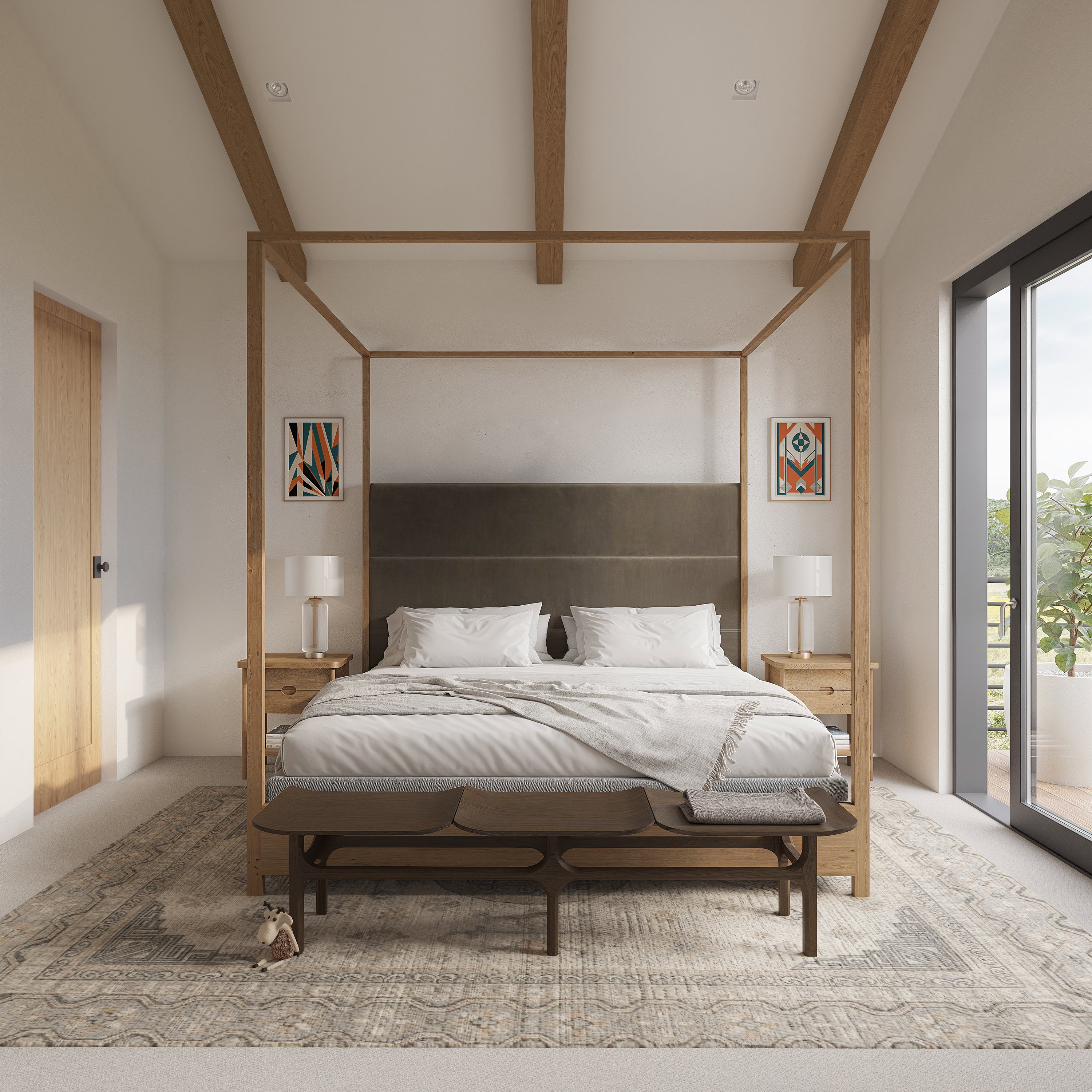 Vaulted ceiling with exposed wood beams, wood-finish flooring, full-height sliding glass doors, light wood-finish interior door, and a built-in upholstered headboard