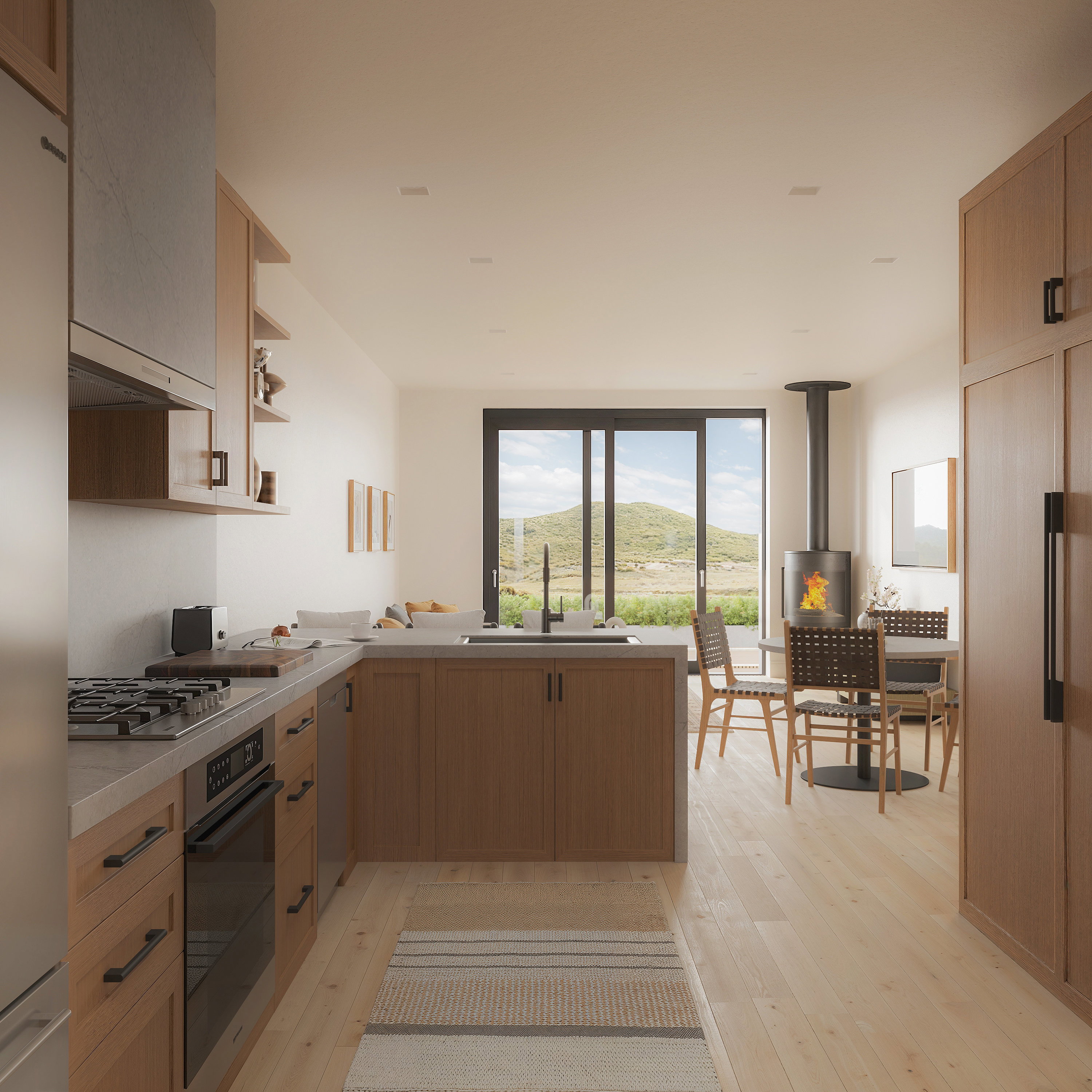 Modern kitchen featuring wood cabinetry with black hardware, stainless steel range with gas cooktop, integrated dishwasher, and a deep basin sink with a matte black faucet