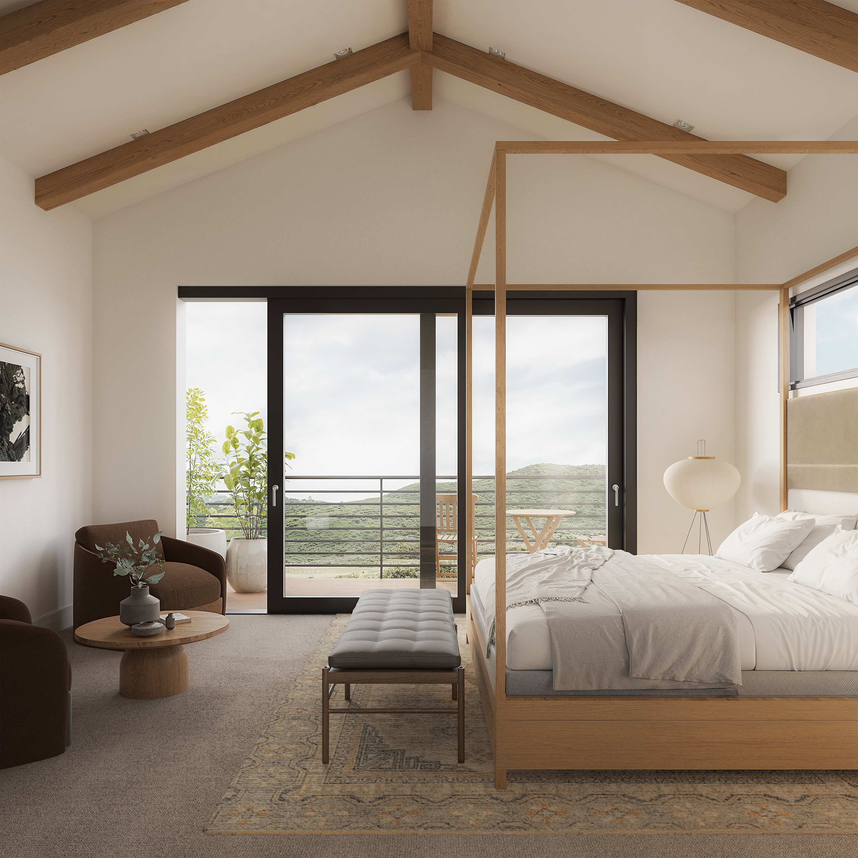 Vaulted ceiling with exposed wood beams, large sliding glass doors, private balcony with metal railing, and wall-to-wall carpeting