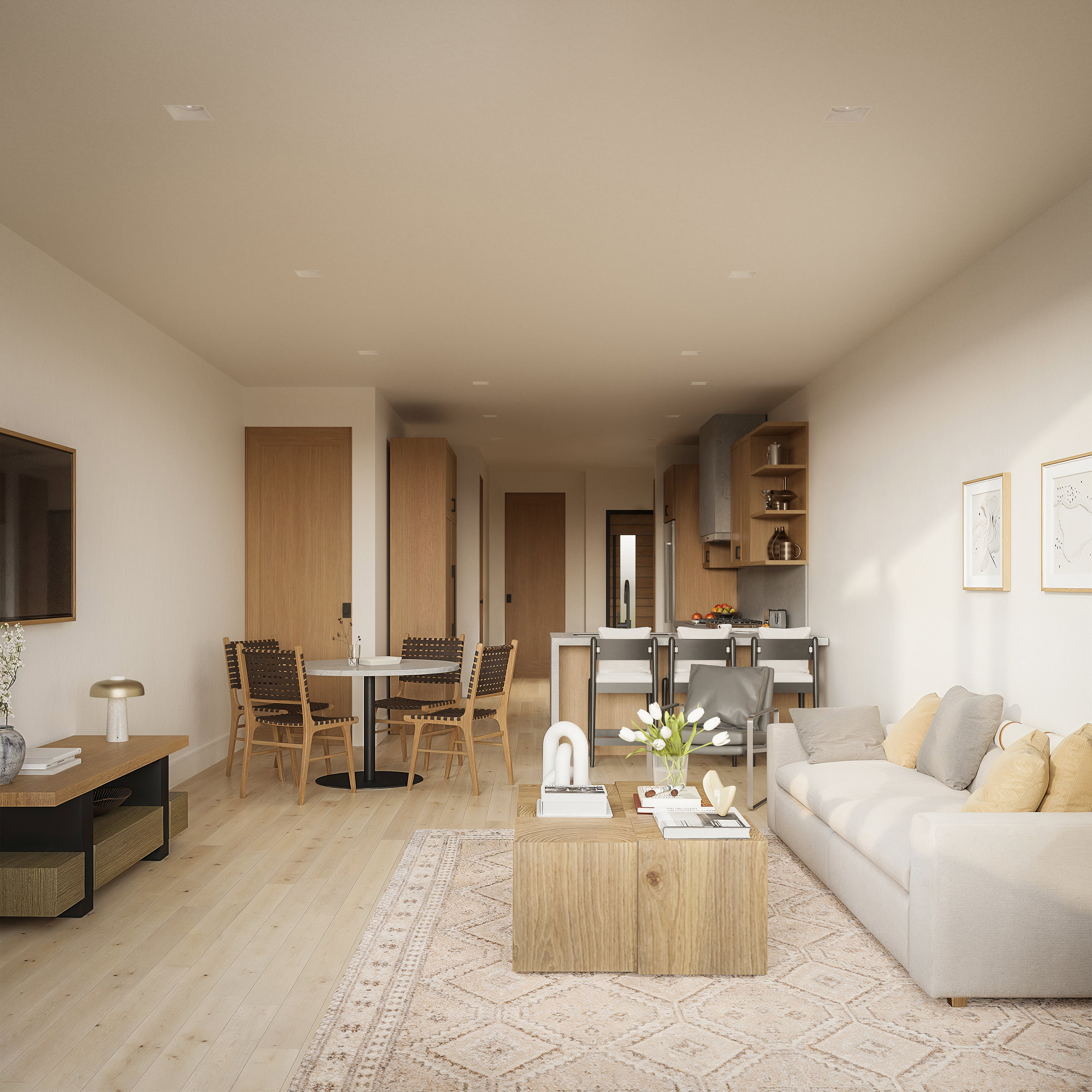 Open-concept living space featuring wood-finish flooring, recessed lighting, and a modern kitchen with wood cabinetry
