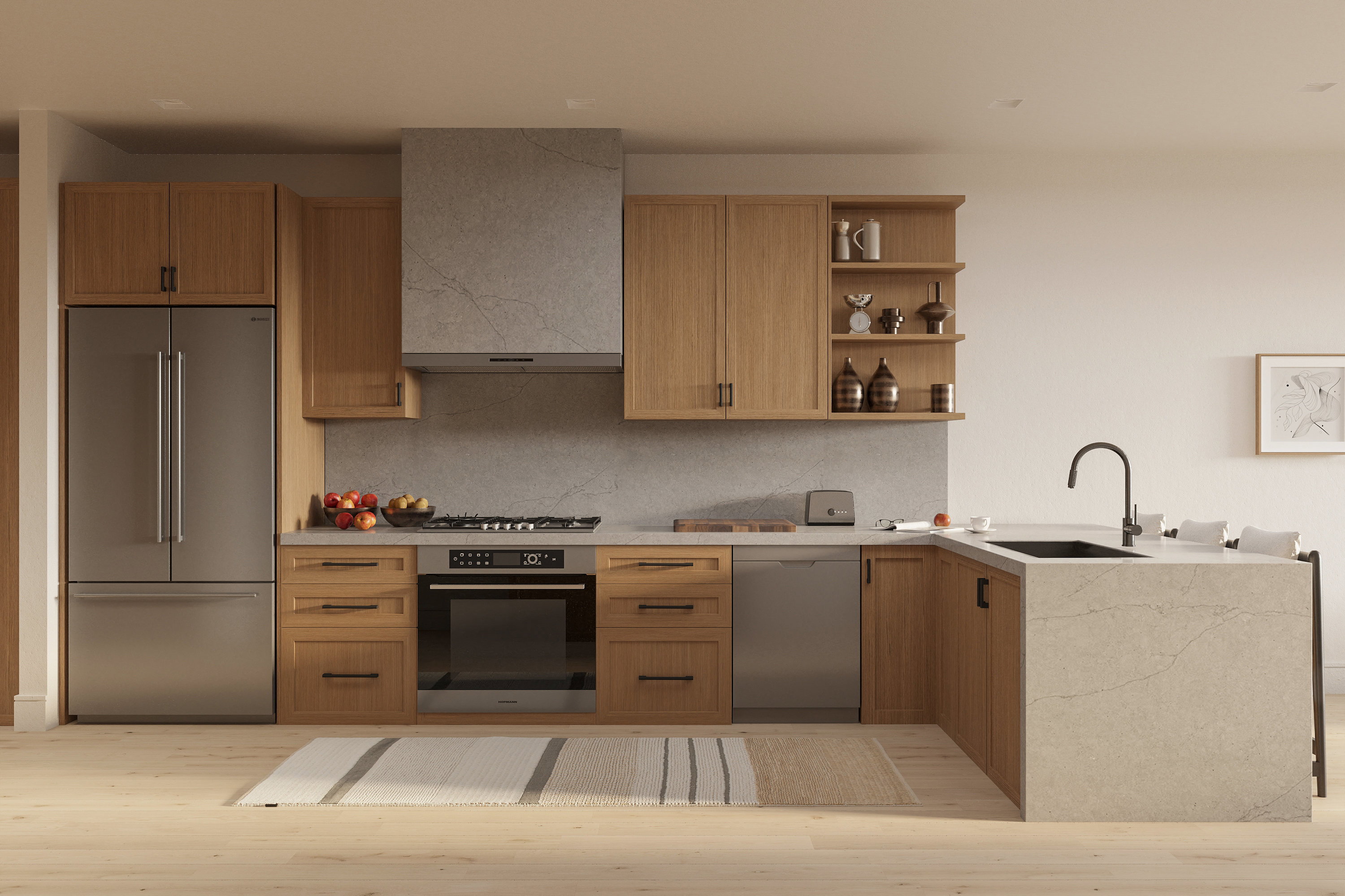 Modern kitchen featuring light wood cabinetry, stainless steel appliances, a stone-finish countertop, and a built-in black sink with a matte black faucet