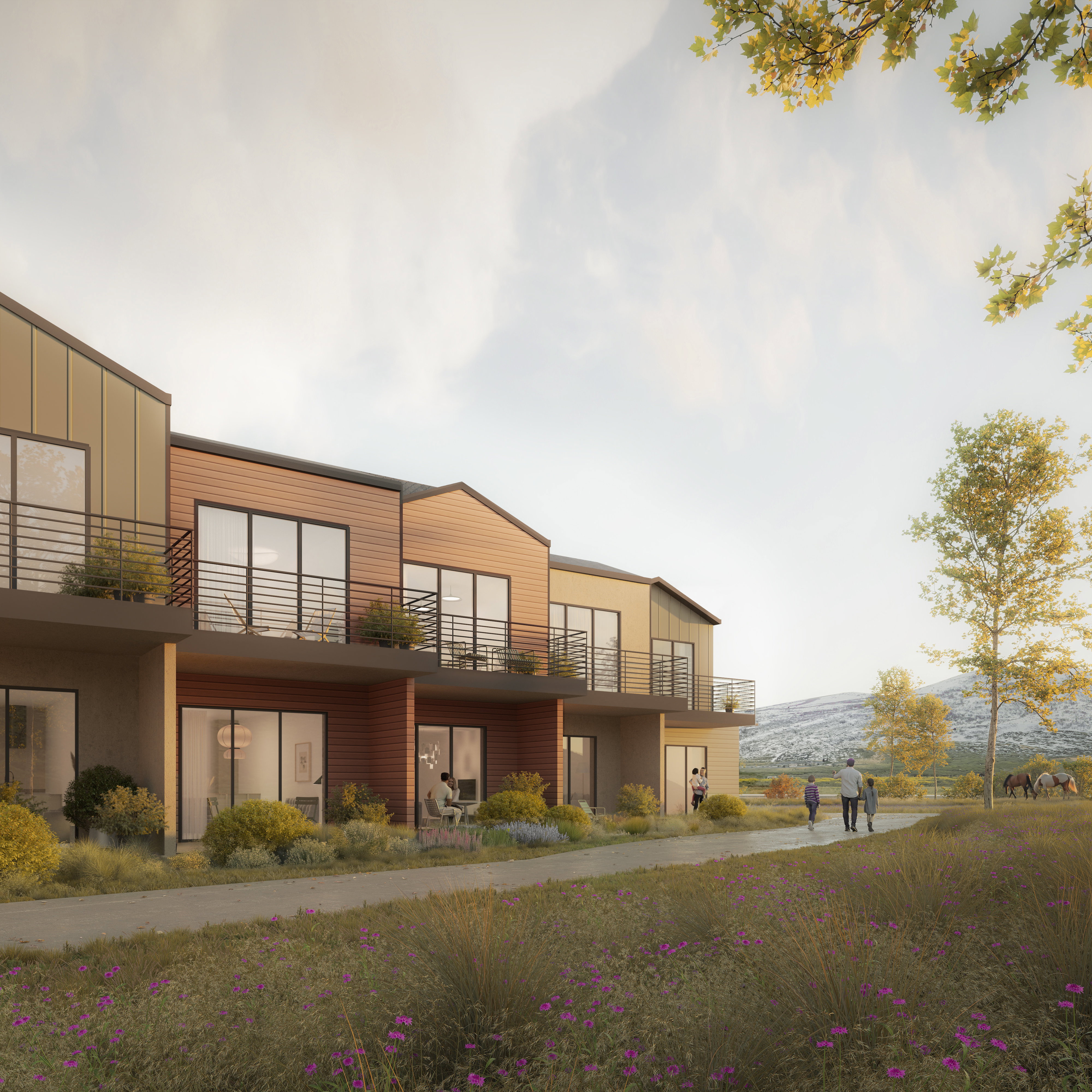 Modern townhome exteriors featuring balconies with black metal railings, floor-to-ceiling windows, and diverse siding materials including horizontal wood-finish panels and neutral-toned vertical panels