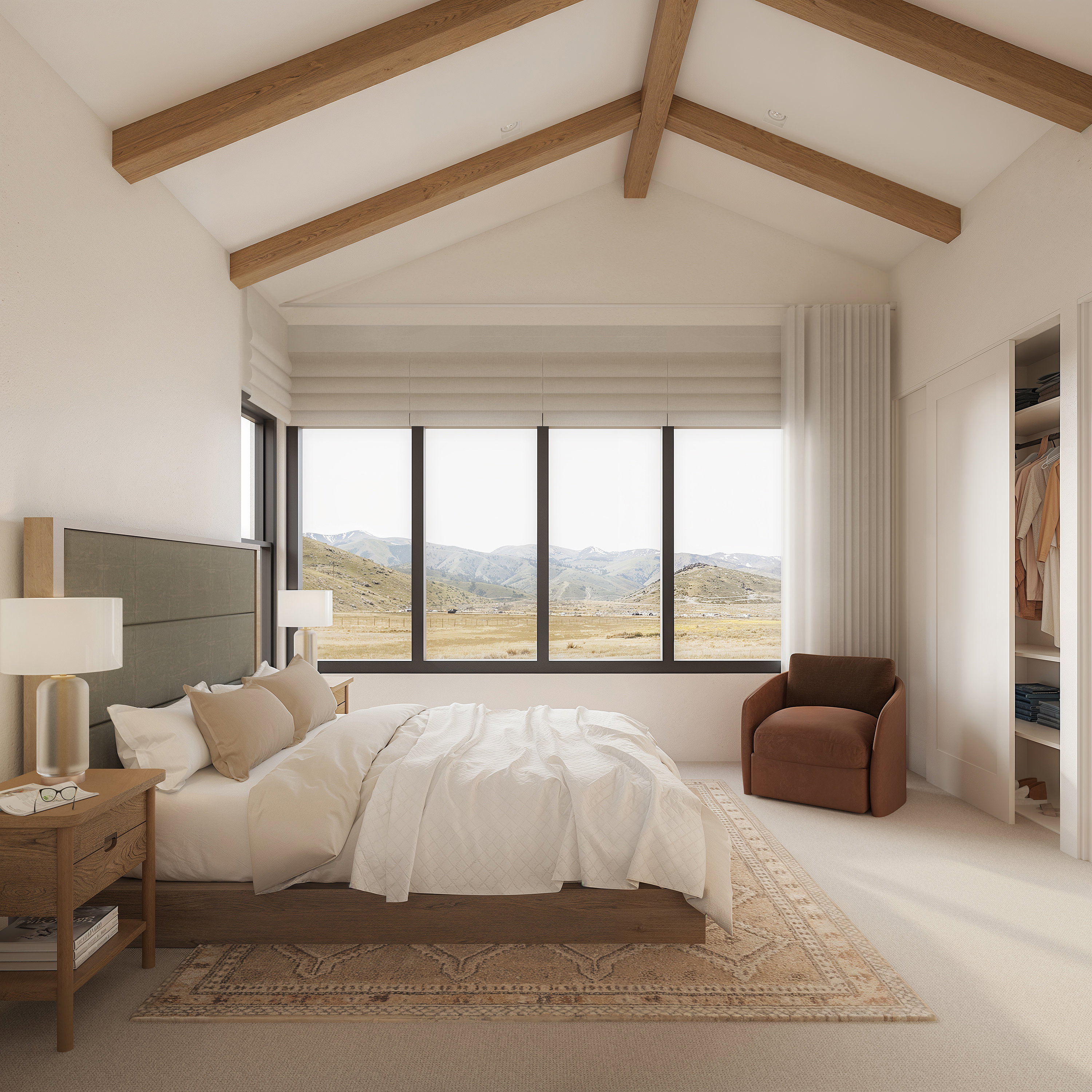 Vaulted ceiling with exposed wood beams, expansive window wall with mountain scenery, recessed lighting, and built-in closet with shelving