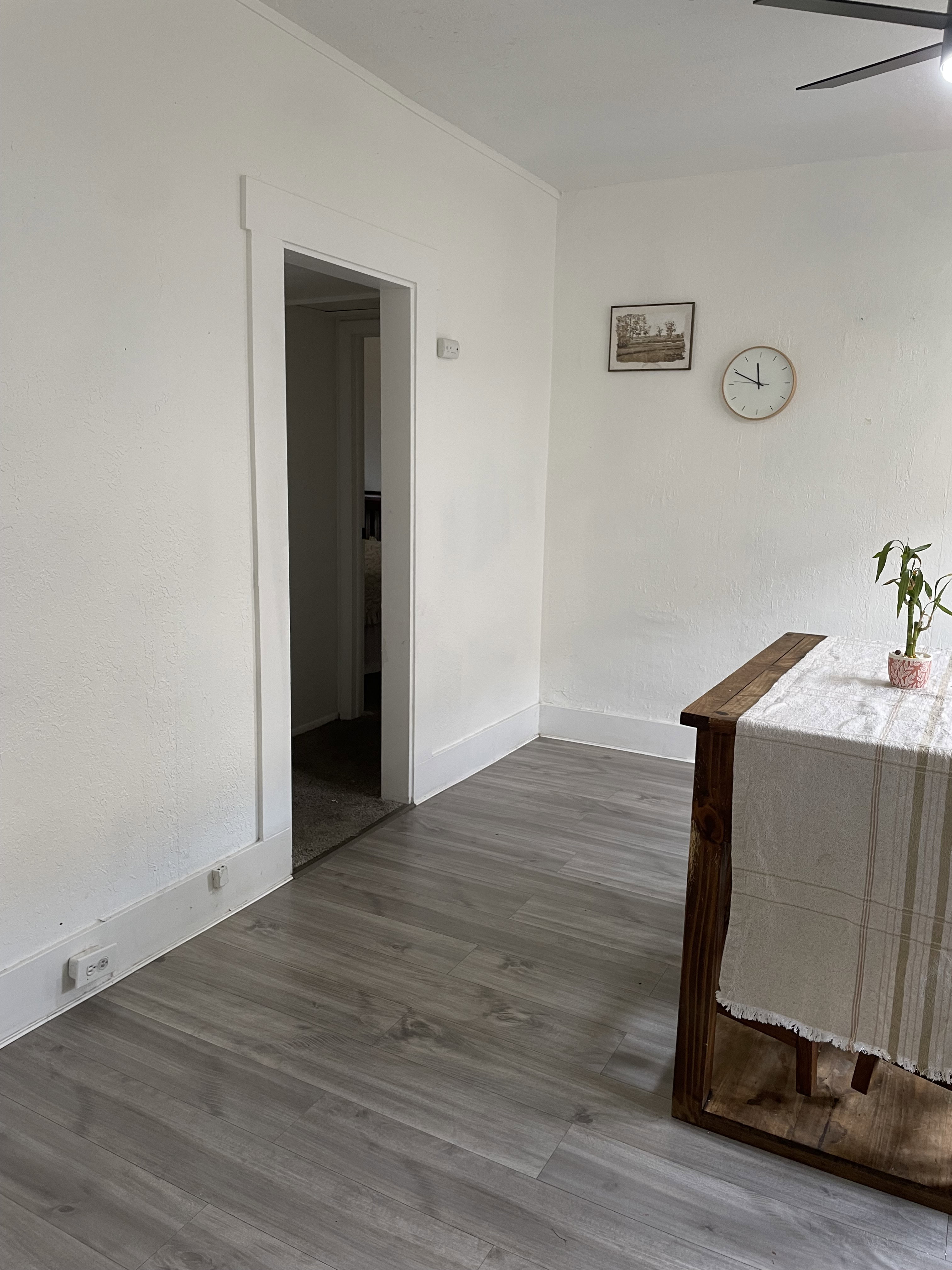 Light gray wood-finish flooring extending into a doorway with white trim