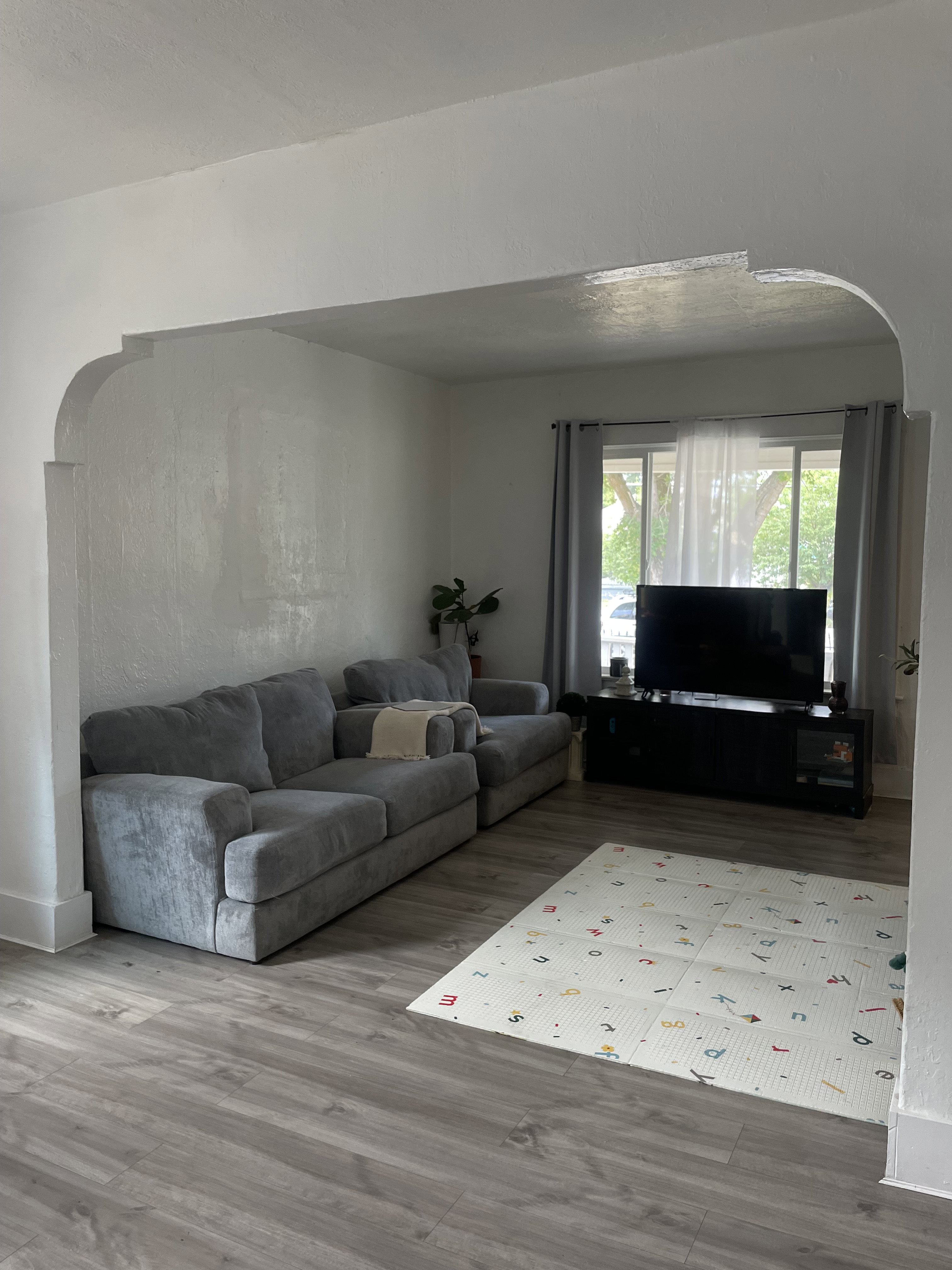 Spacious room featuring wood-finish flooring, a large window with natural light, and an arched entryway