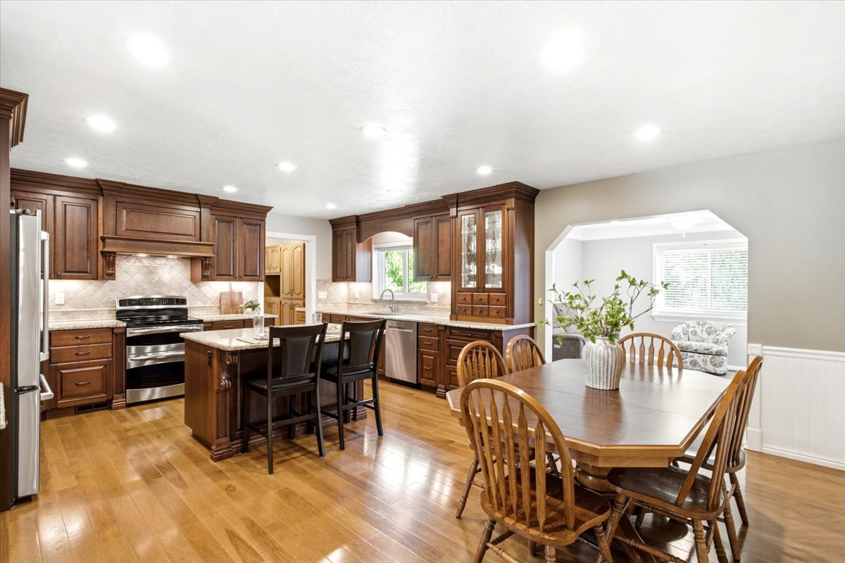 Beautiful open concept kitchen, dining, and family room.