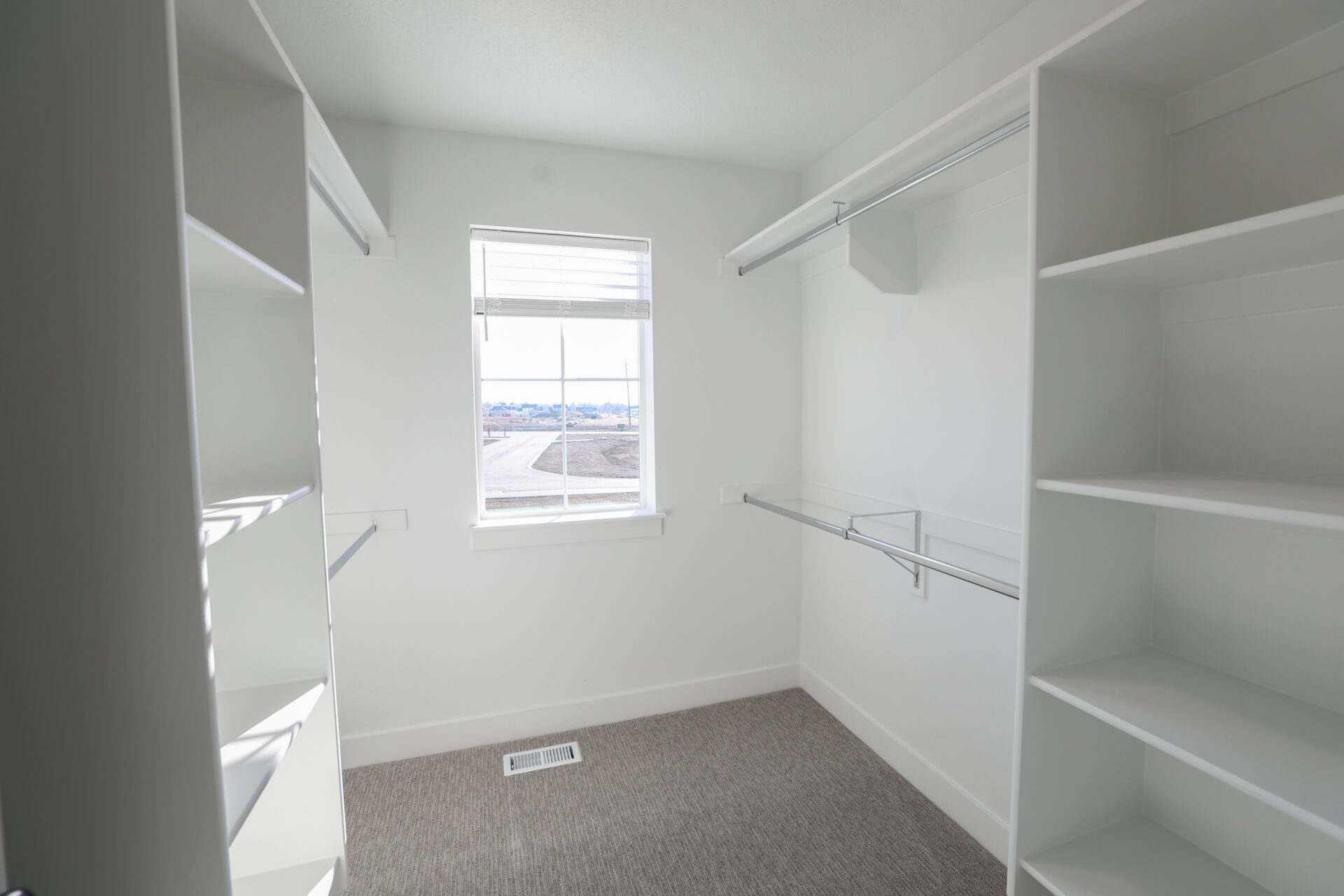 Walk-in closet featuring built-in shelving, hanging rods, light gray carpet, and a window with blinds