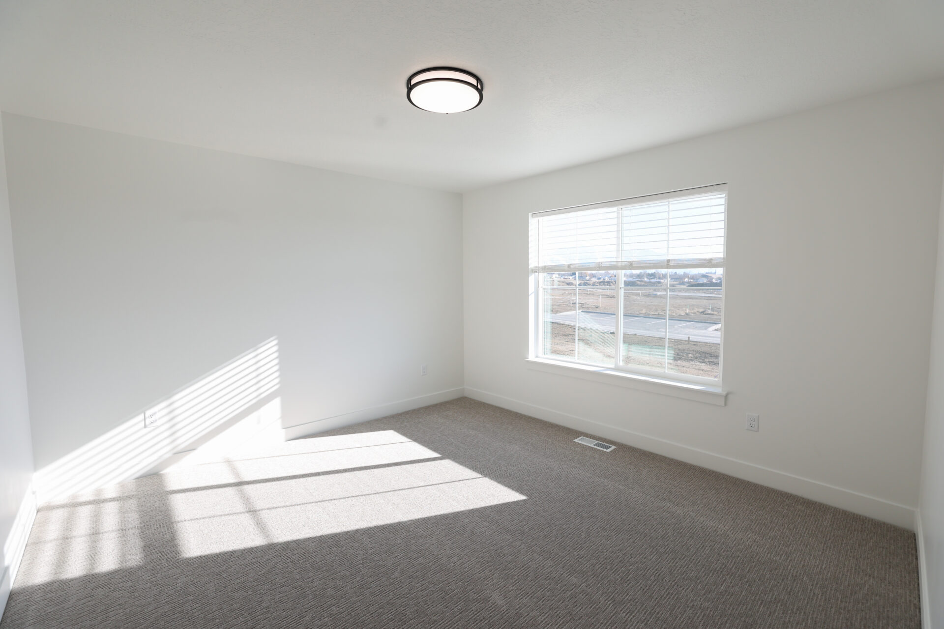 Spacious room featuring neutral carpeting, white walls, a large window with horizontal blinds, and a flush-mount ceiling light fixture