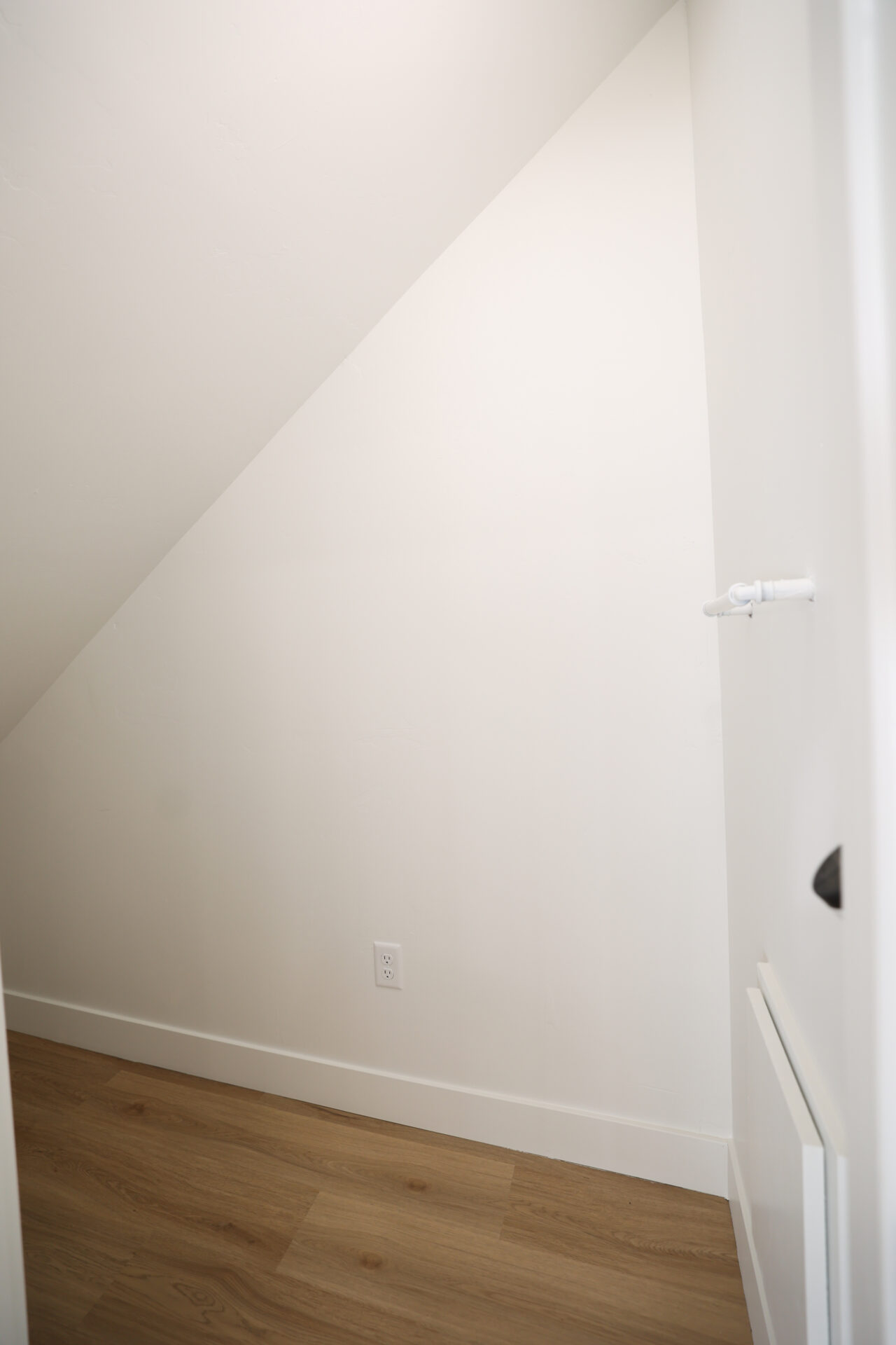 Under-stair storage area with wood-finish flooring, white baseboards, and a white wall finish