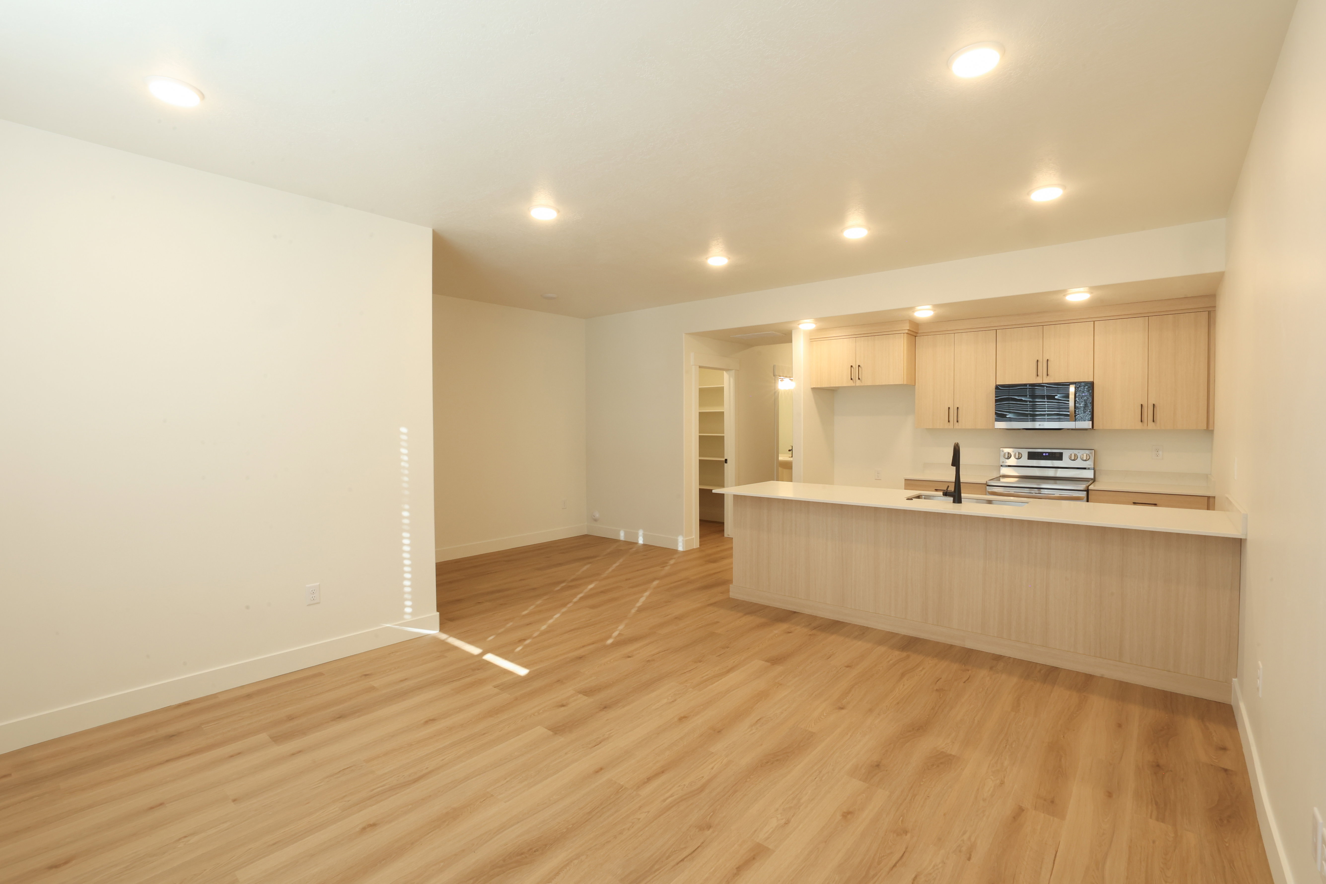 Open-concept kitchen and living area featuring wood-finish flooring, recessed lighting, light wood cabinetry, white countertops, and stainless steel appliances