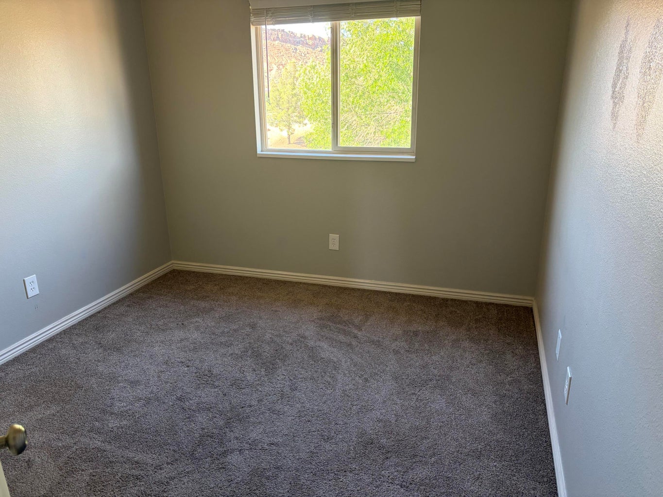 Compact room featuring neutral-toned walls, textured carpet flooring, and white baseboards