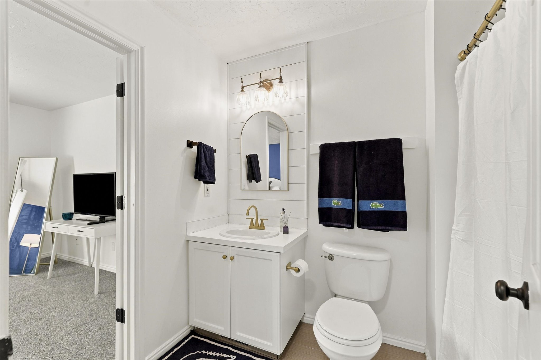 Bathroom featuring a white vanity with gold-finish hardware, a white sink basin, and a gold-finish faucet