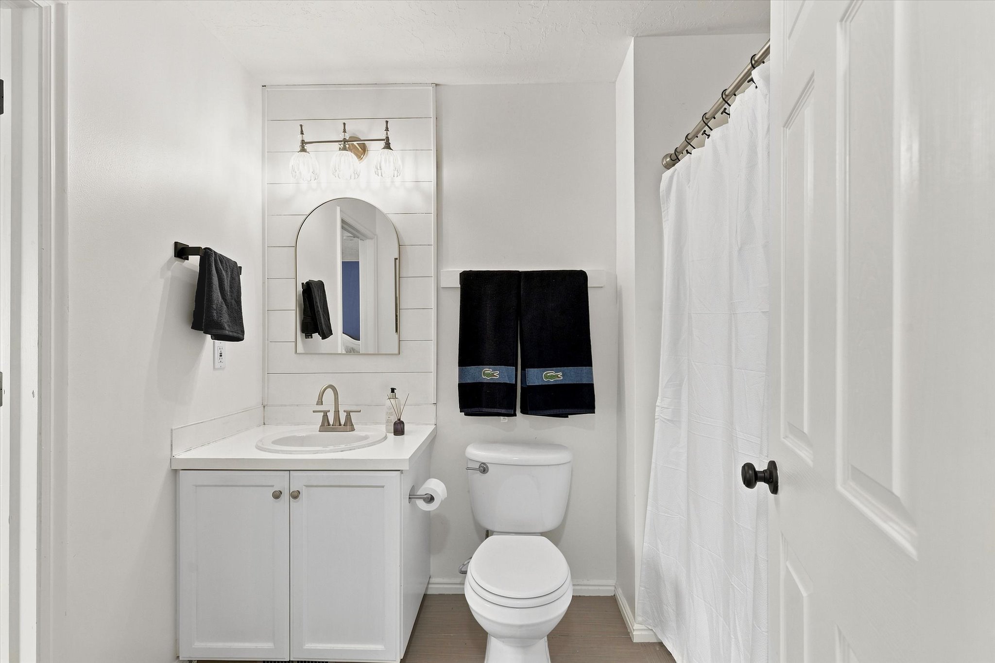 Bathroom featuring a single vanity with white cabinetry and countertop, an arched mirror, and shiplap-style accent wall