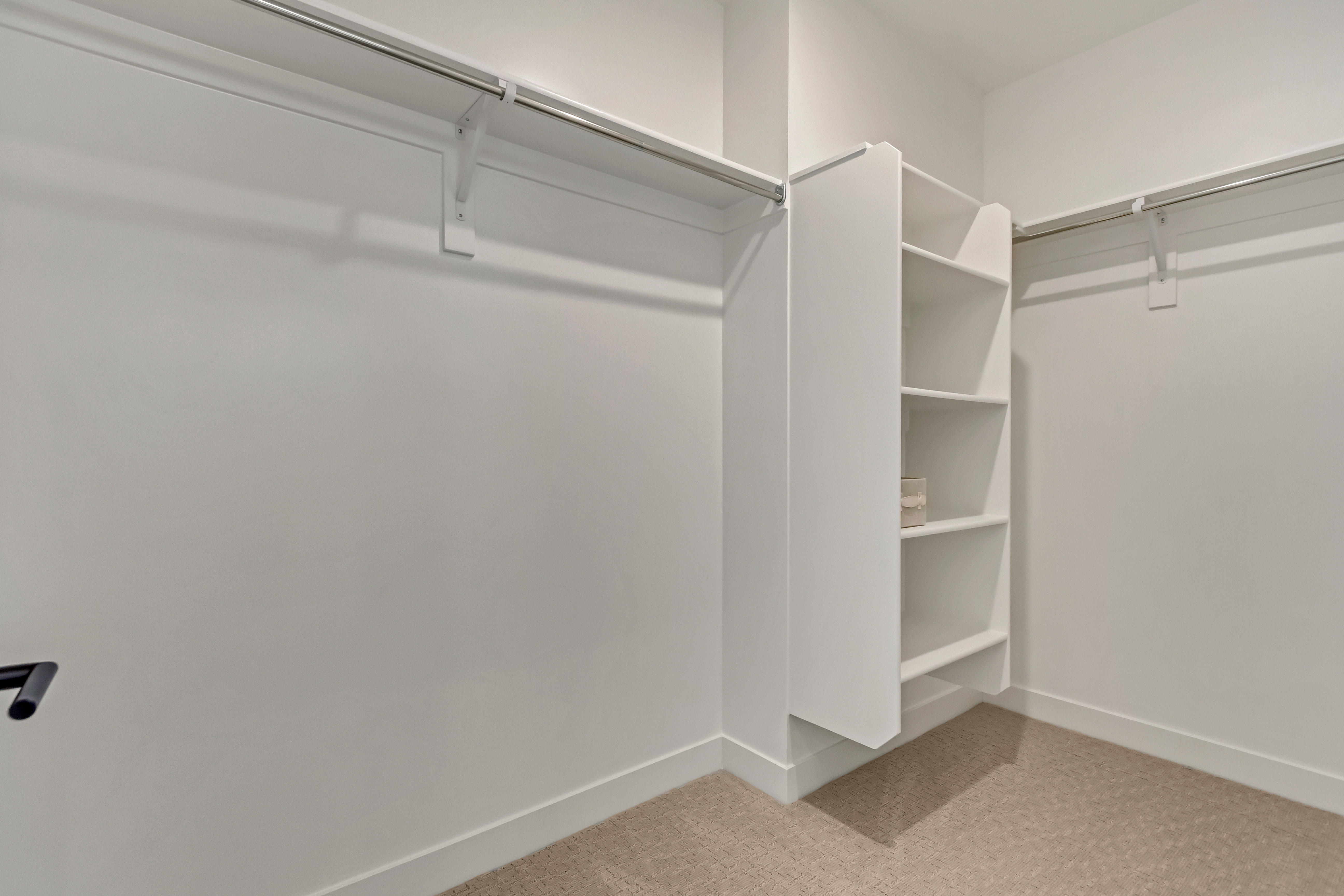 Walk-in closet featuring white built-in shelving, multiple hanging rods, white walls, and carpet flooring
