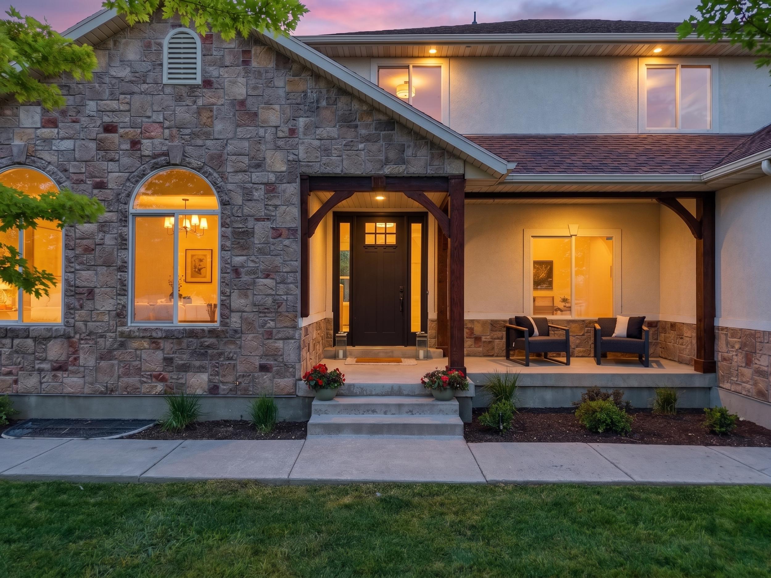 Stone veneer and stucco exterior with a covered entry porch