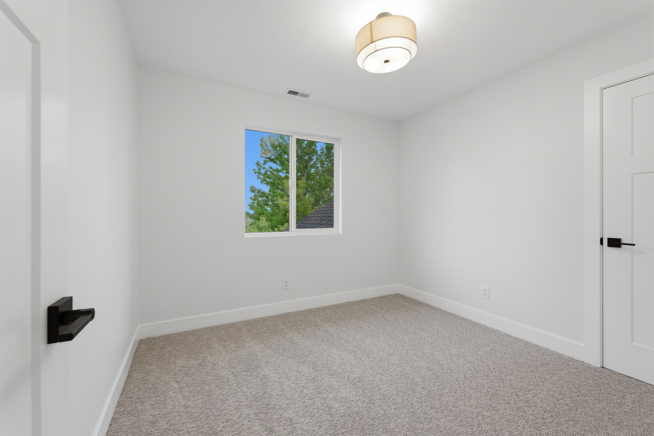 Bright interior room featuring neutral carpeting, white walls, and a contemporary ceiling light fixture