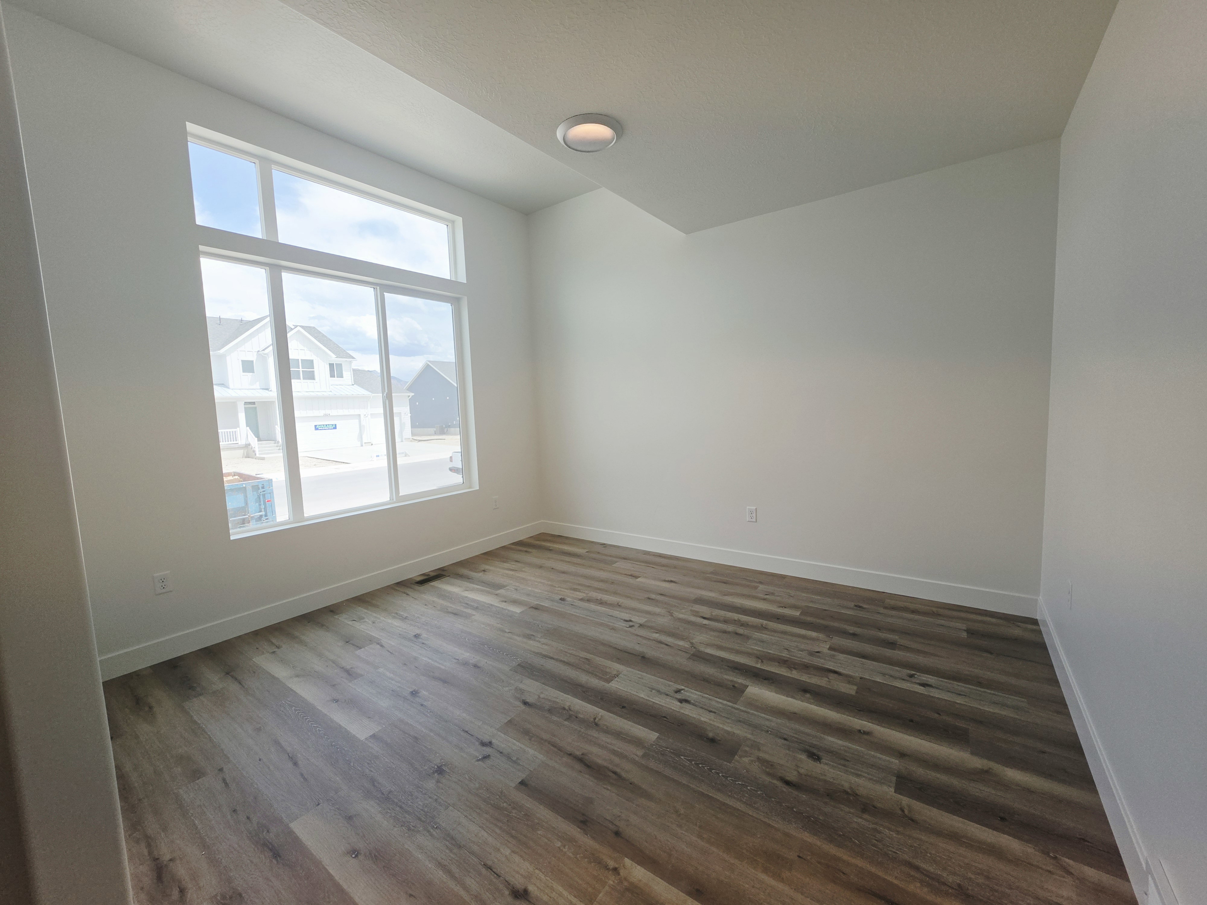 Room featuring a large multi-pane window, wood-finish flooring, white baseboards, and a flush-mount ceiling light