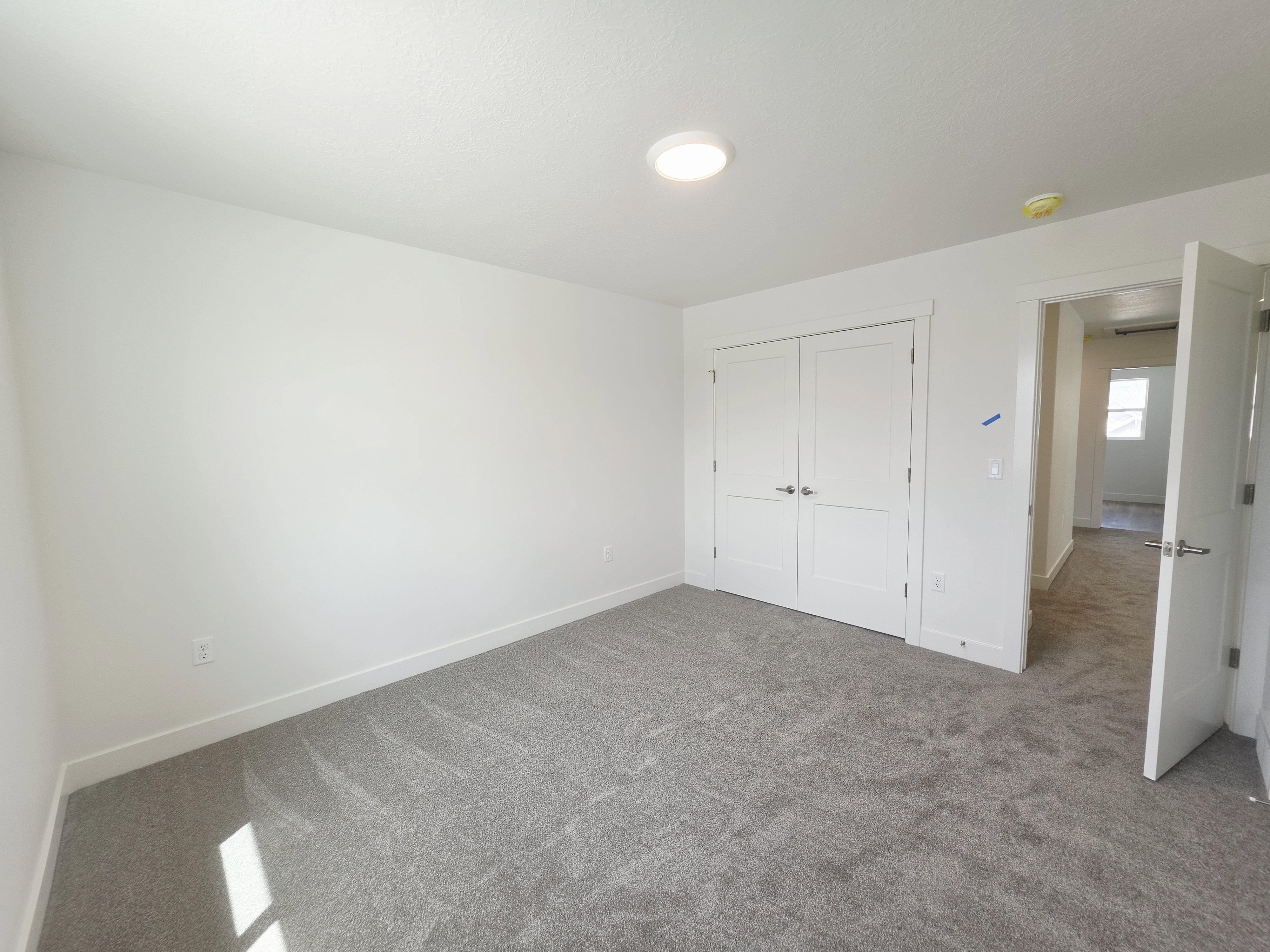 Neutral tone wall paint, flush mount ceiling light, grey carpet flooring, white trim, and a double-door closet