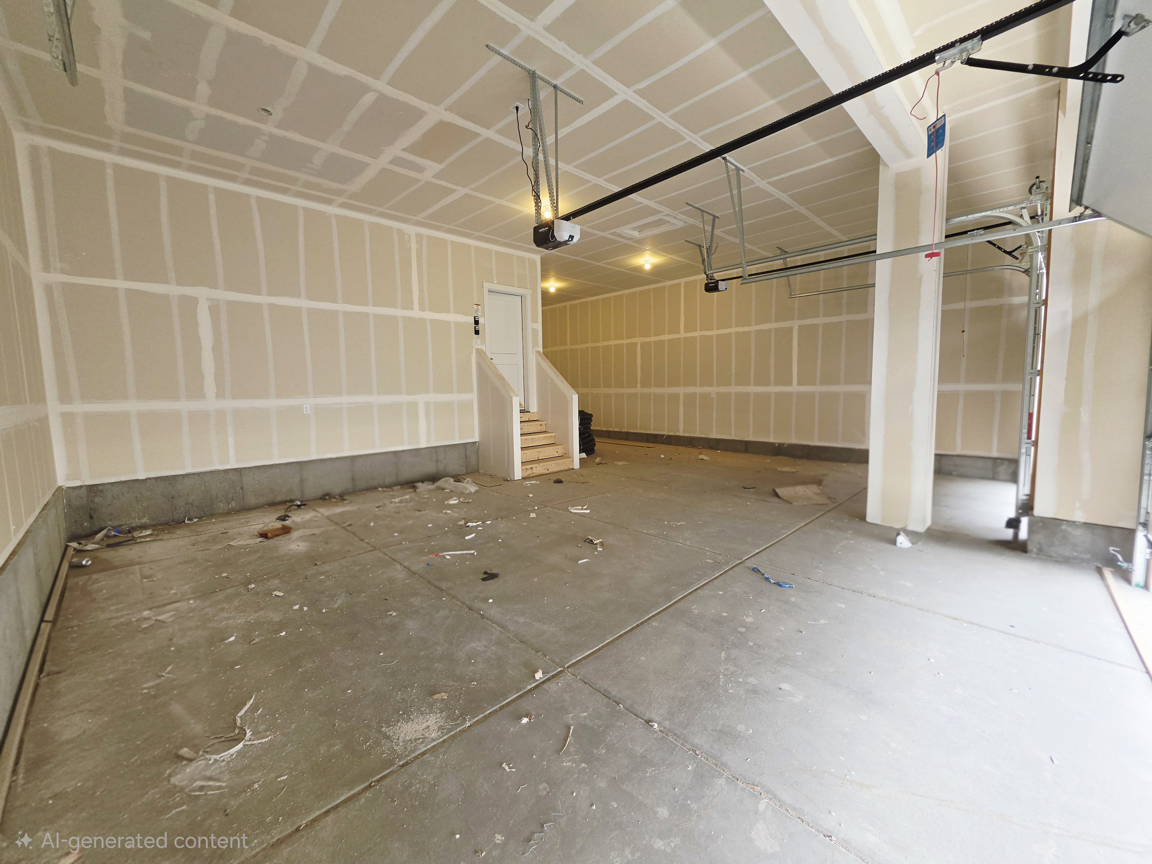 Spacious garage featuring a concrete floor, exposed drywall with taped seams, and a full staircase
