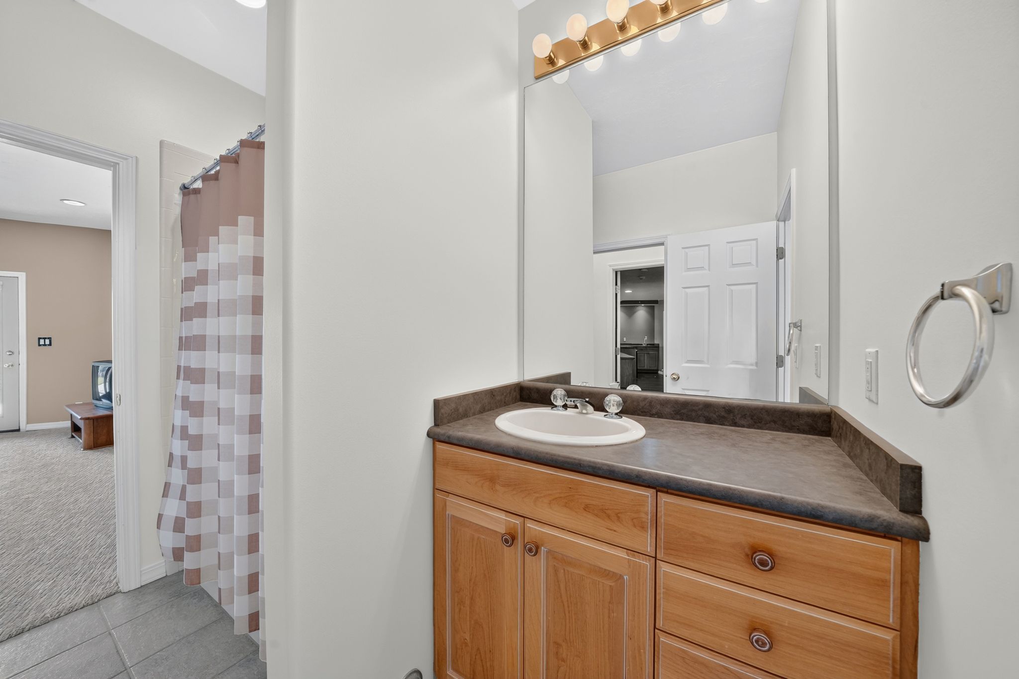 Bathroom featuring a wood-finish vanity with a built-in sink, a dark countertop, and a large wall mirror