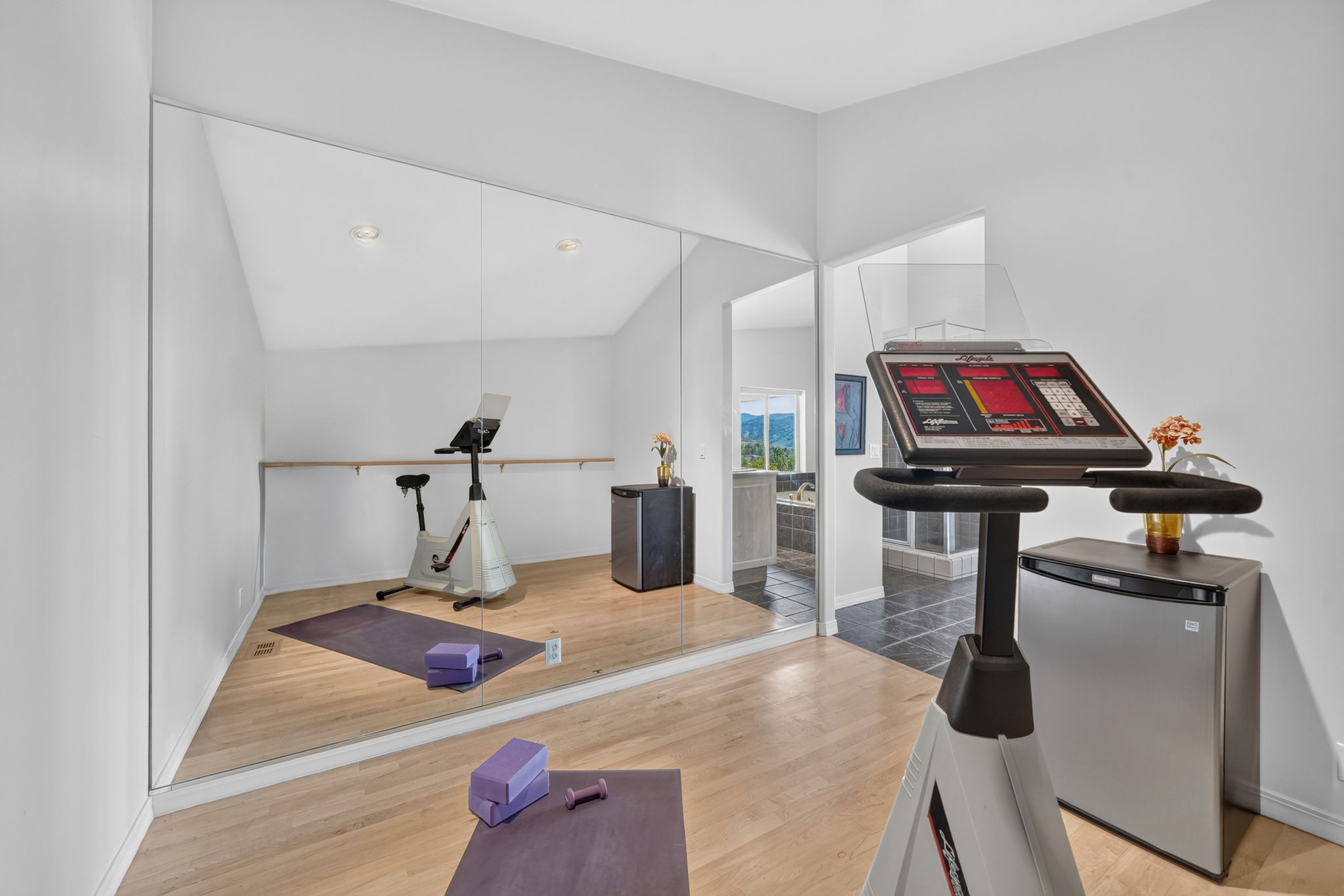 Dedicated fitness area featuring full-wall mirrors, light wood-finish flooring, and a ballet barre