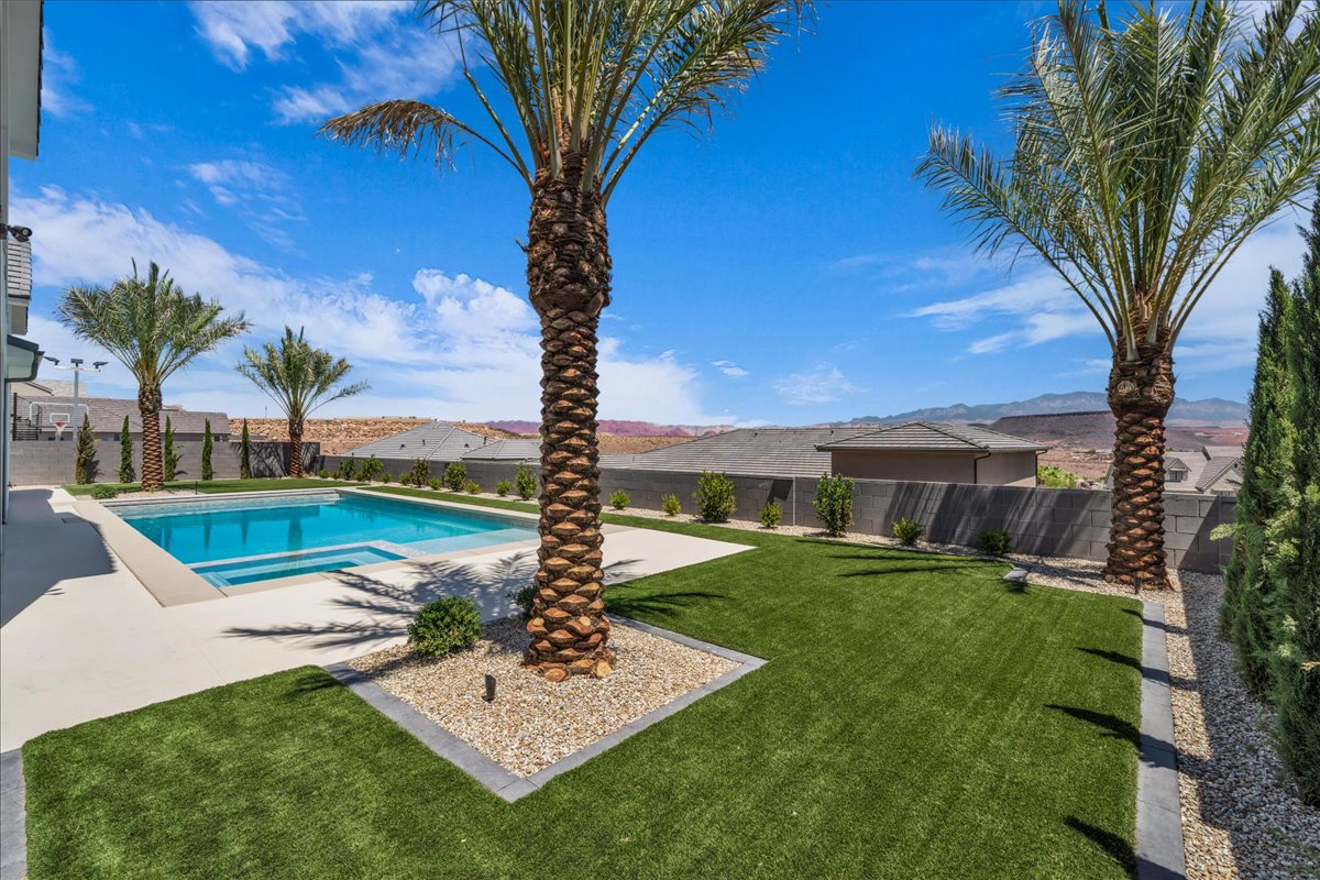 Expansive backyard featuring a rectangular swimming pool with integrated spa, concrete decking, artificial turf, and mature palm trees