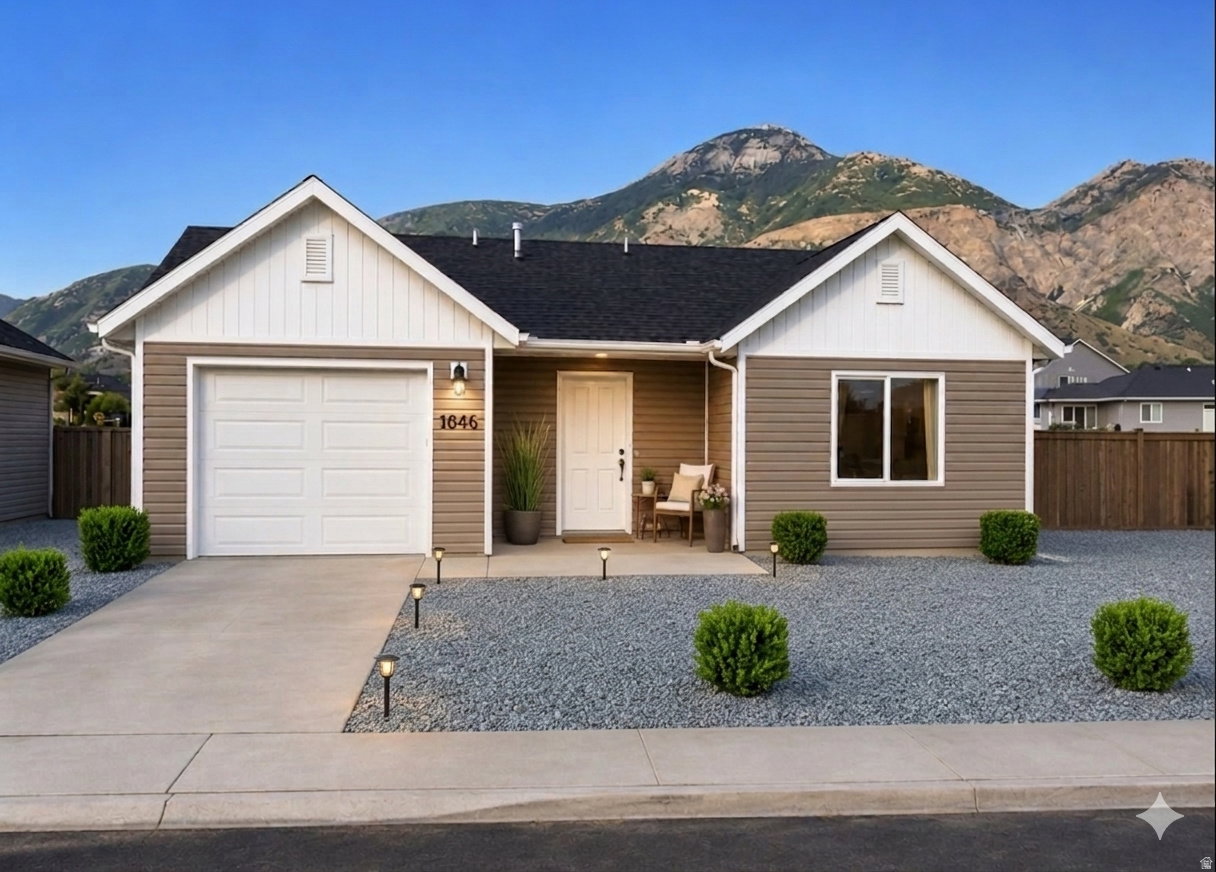 Contemporary single-story residence with a two-tone facade, attached garage, and a gravel front yard