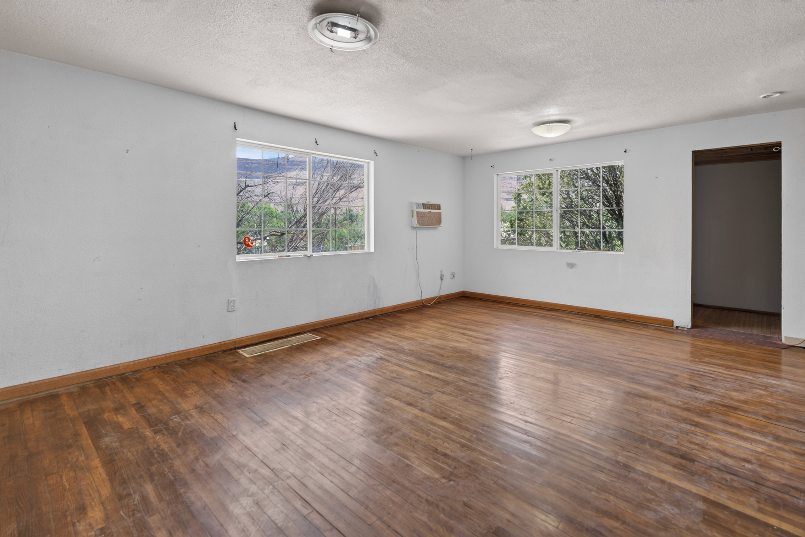 Spacious interior room featuring wood-finish flooring, white walls, and two large windows