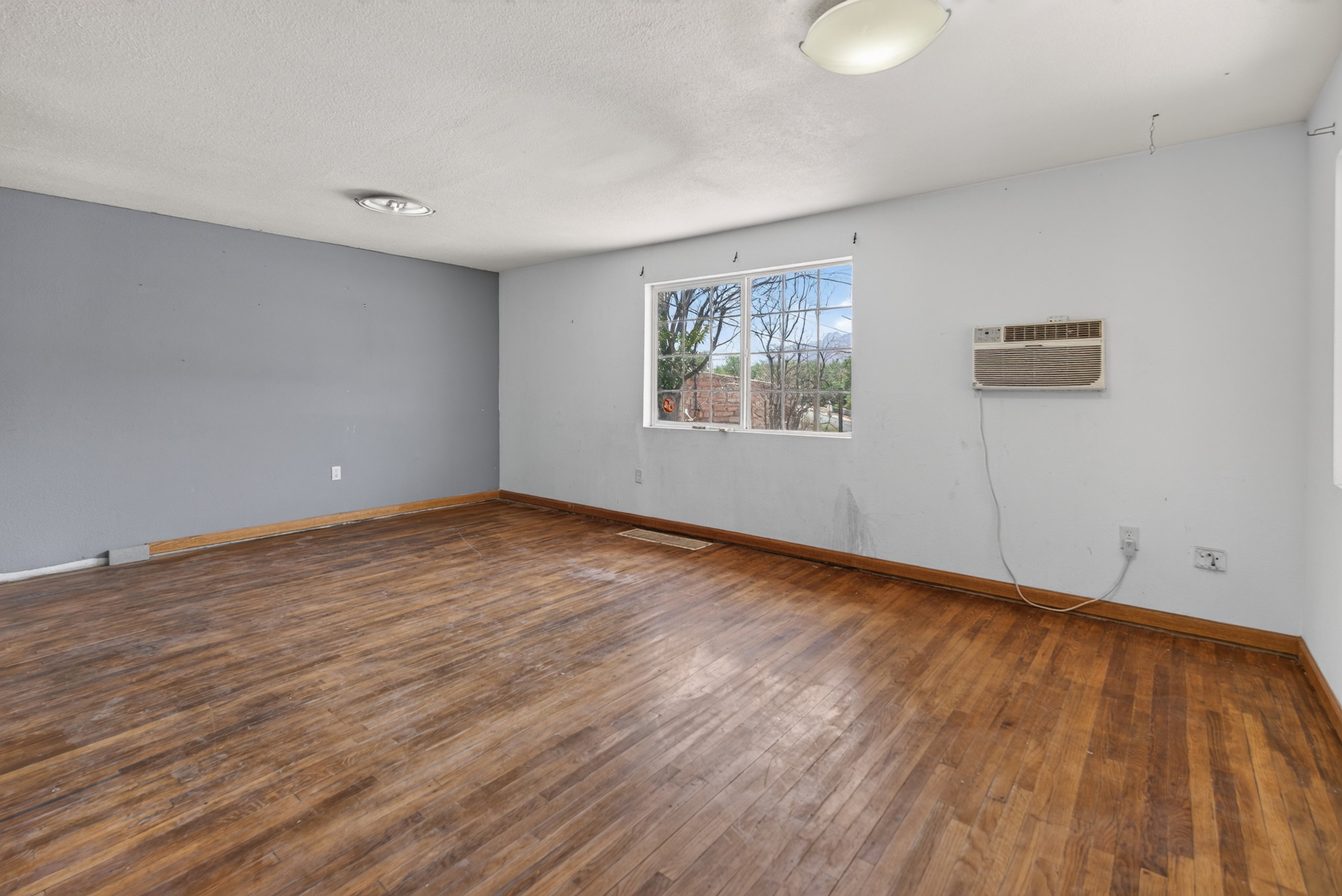 Spacious room featuring wood-finish flooring, ample natural light from a rectangular window, and a ceiling-mounted light fixture