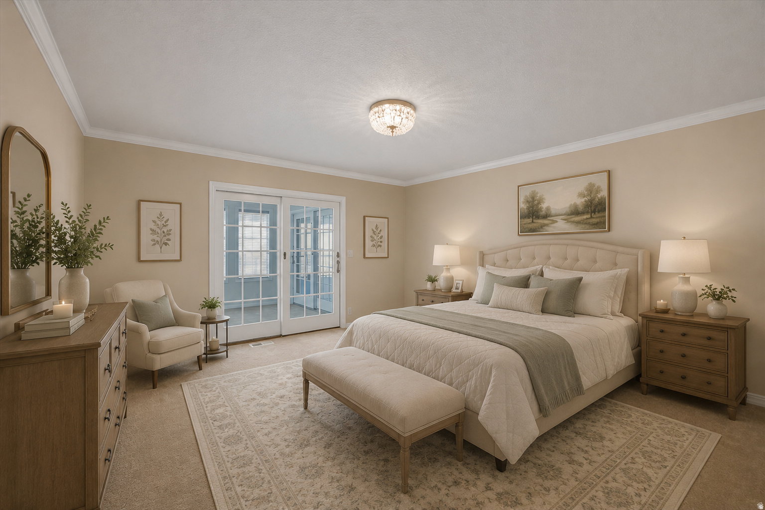 Spacious room featuring neutral wall tones, crown molding, and plush carpeting