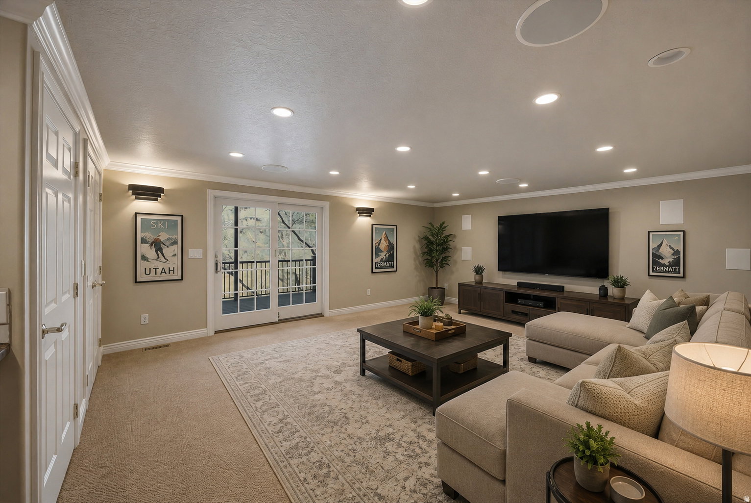 Spacious living area featuring neutral carpeting and recessed lighting