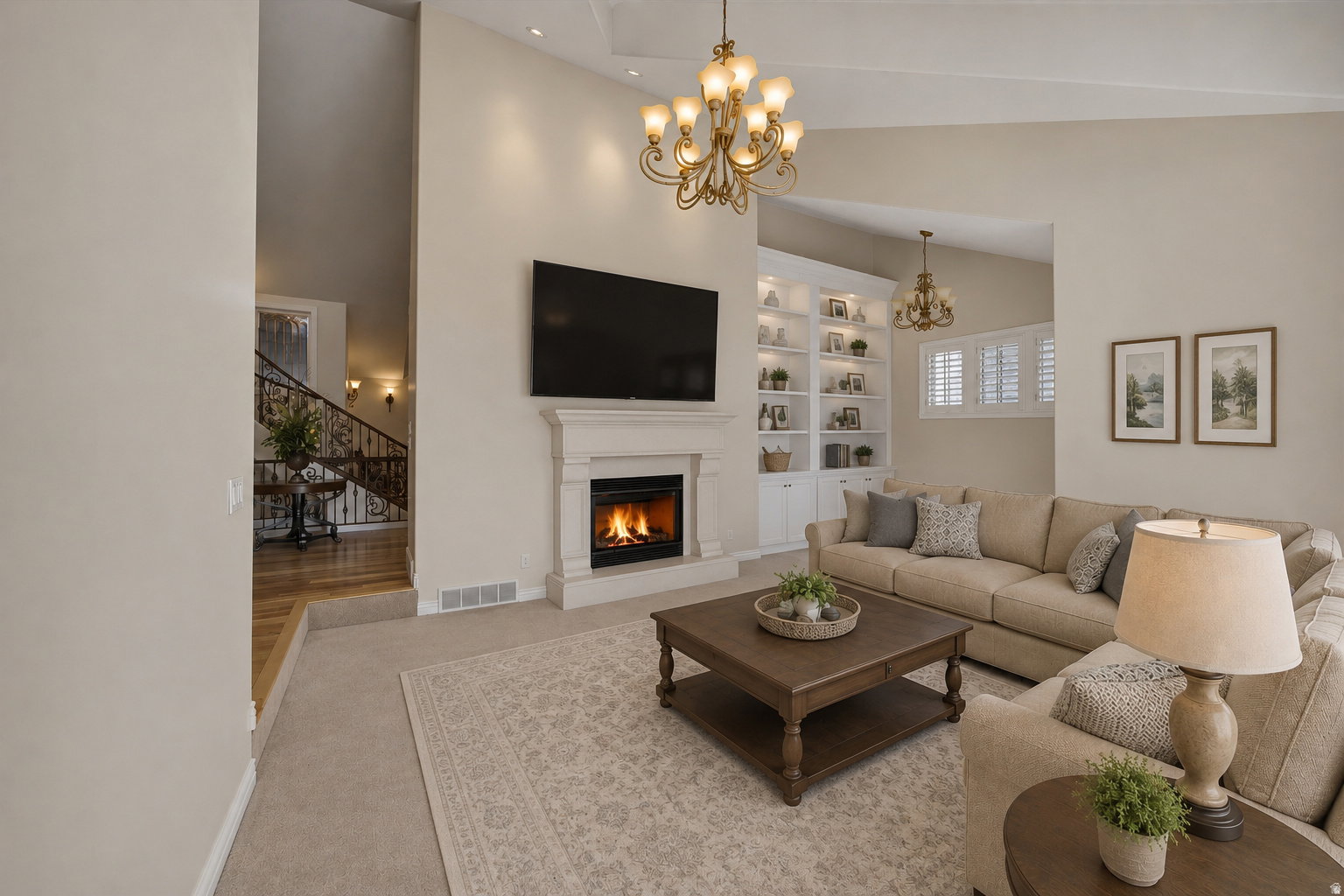 Living area featuring a gas fireplace with a stone mantel, built-in shelving, vaulted ceilings, and a decorative chandelier