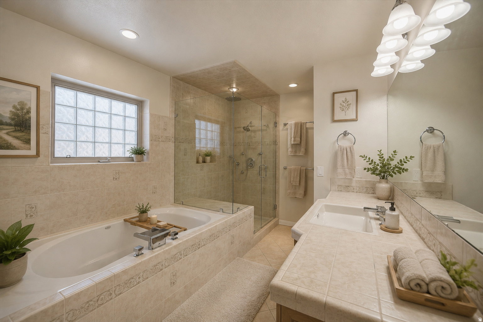 Tiled bathroom featuring a built-in soaking tub, glass-enclosed shower, dual vanity with undermount sinks, and a large mirror