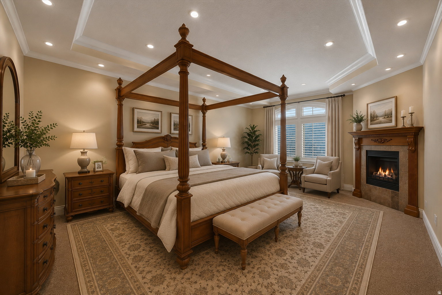 Recessed lighting illuminates a room featuring a tray ceiling with crown molding, a corner fireplace with a wood mantel, and window shutters