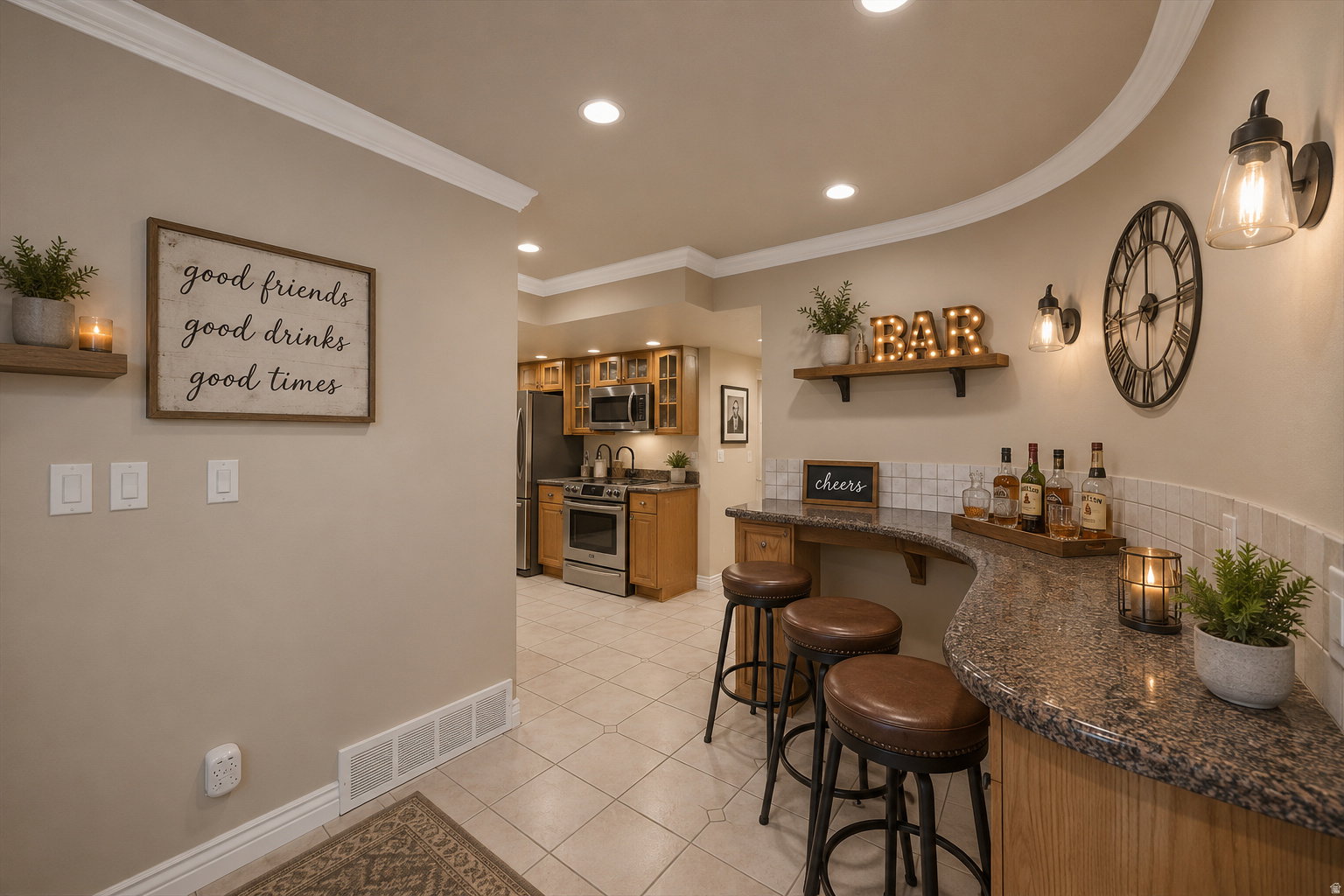 Curved bar featuring a speckled countertop, tile backsplash, and three bar stools