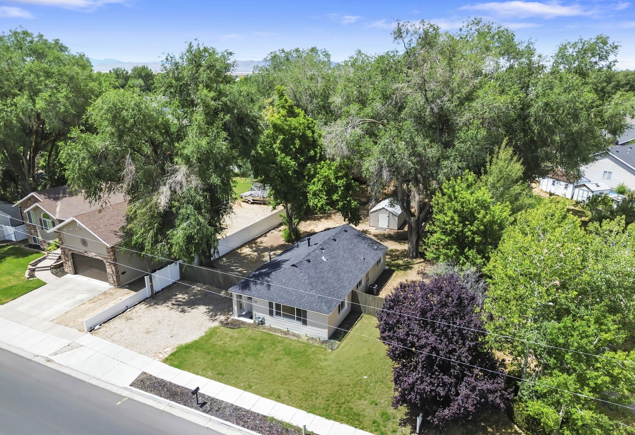 Mature shady trees, fenced, with shed