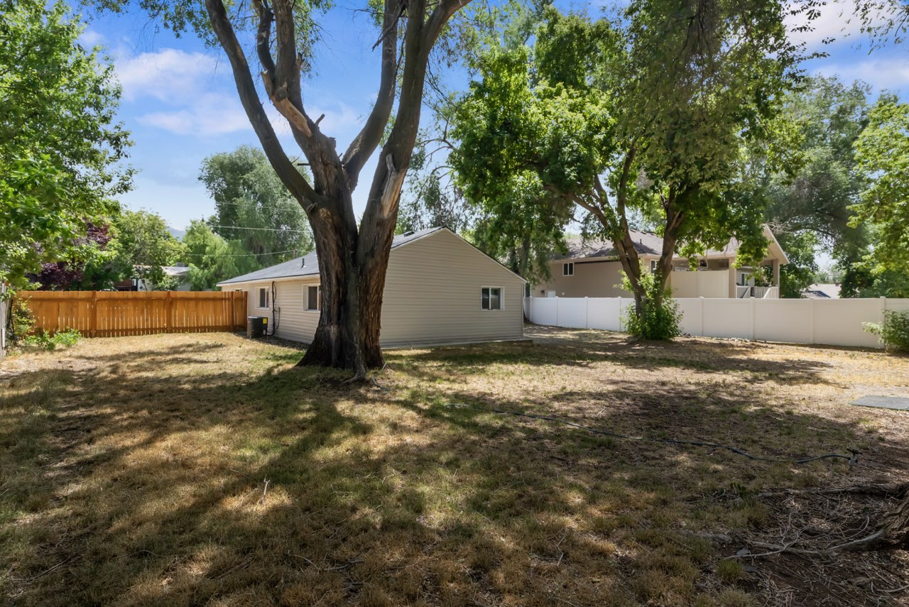 Expansive backyard featuring mature trees, a wood privacy fence, and a vinyl privacy fence