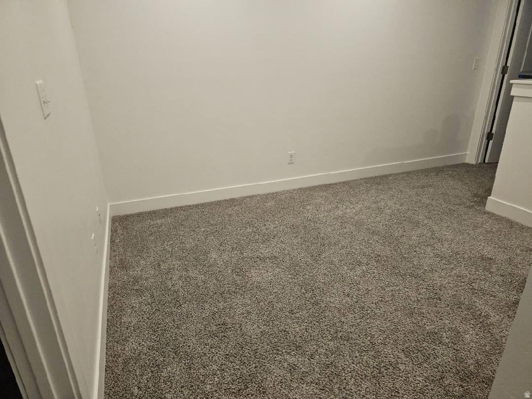 Wall-to-wall gray carpeting with white baseboards and light neutral wall paint