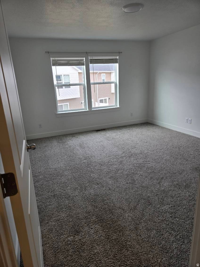 Spacious room featuring neutral carpeting, a dual-pane window with blinds, and a flush-mount ceiling light