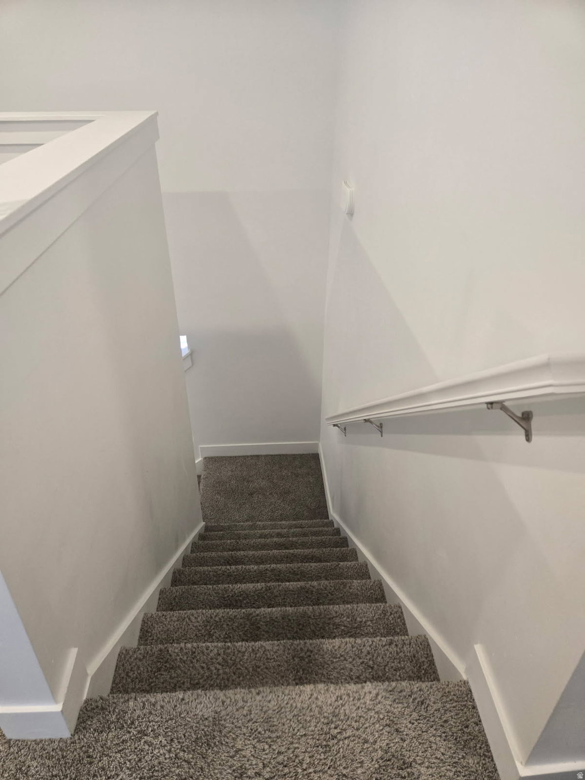Carpeted staircase featuring a white handrail with brushed nickel brackets and white baseboards