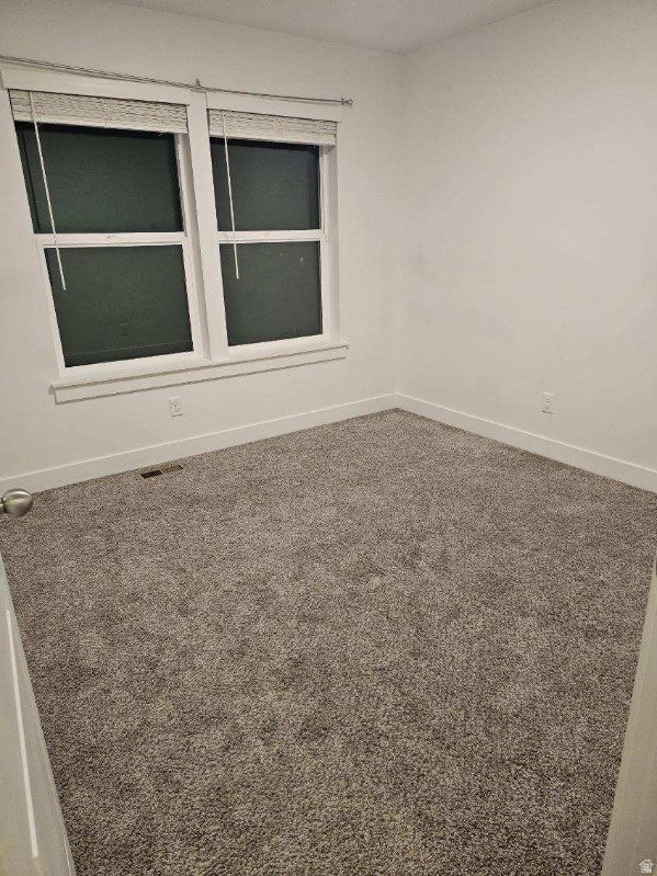 Room featuring plush gray carpeting, white walls, and a double window with white trim